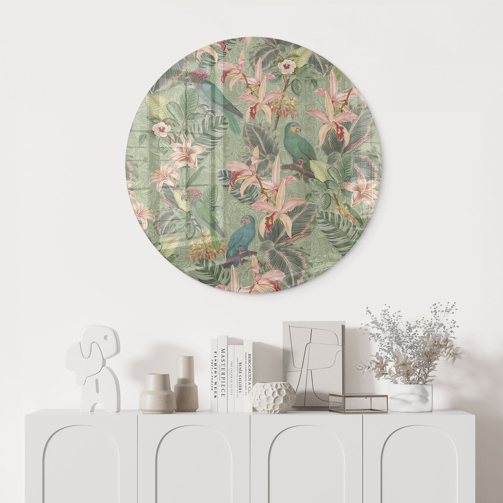 Glasbillede - Jungle med papegøjer Grøn - Bloomery Decor - Rund