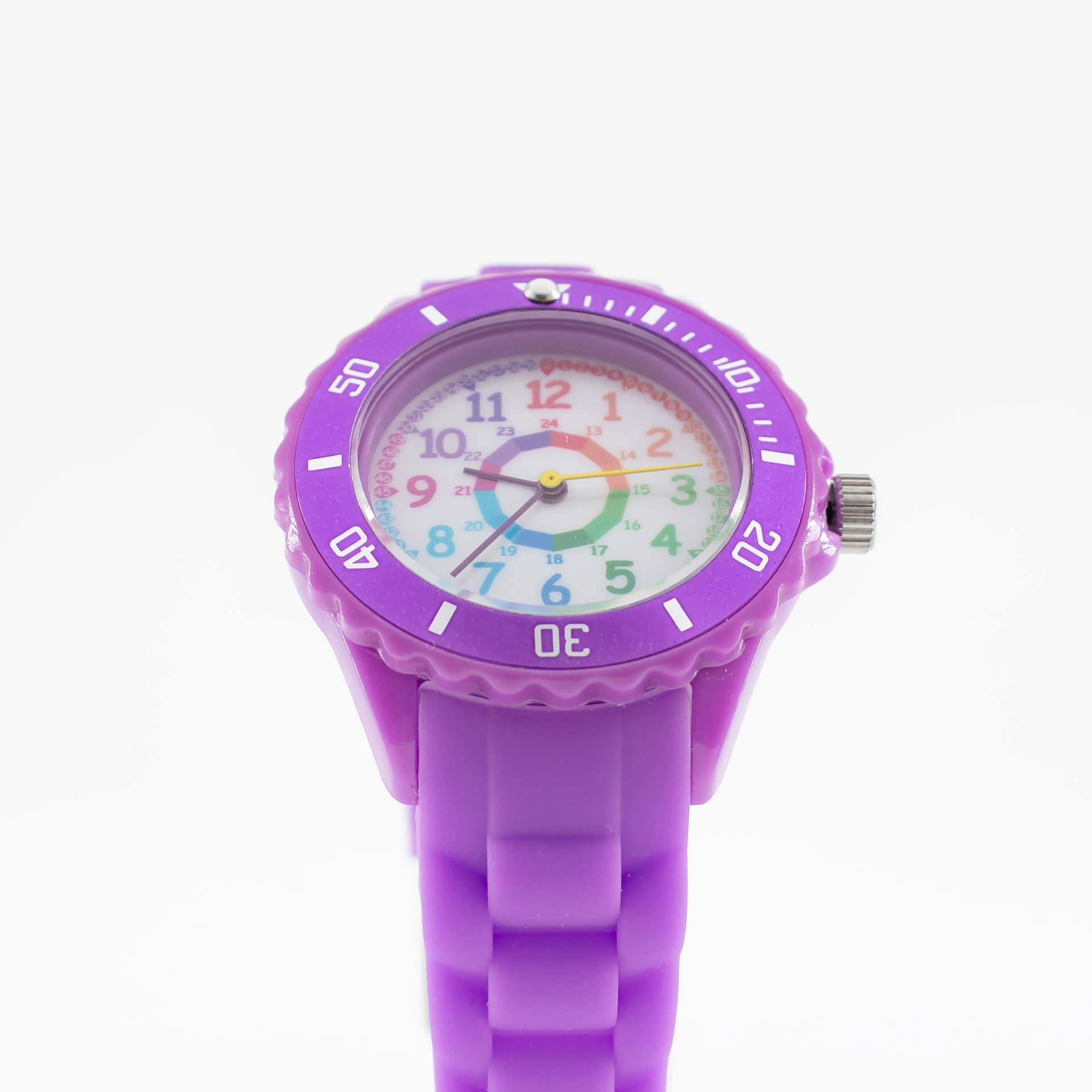 Kinder Armbanduhr - Lernuhr analog aus Silikon - Lila mit Regenbogen Zifferblatt