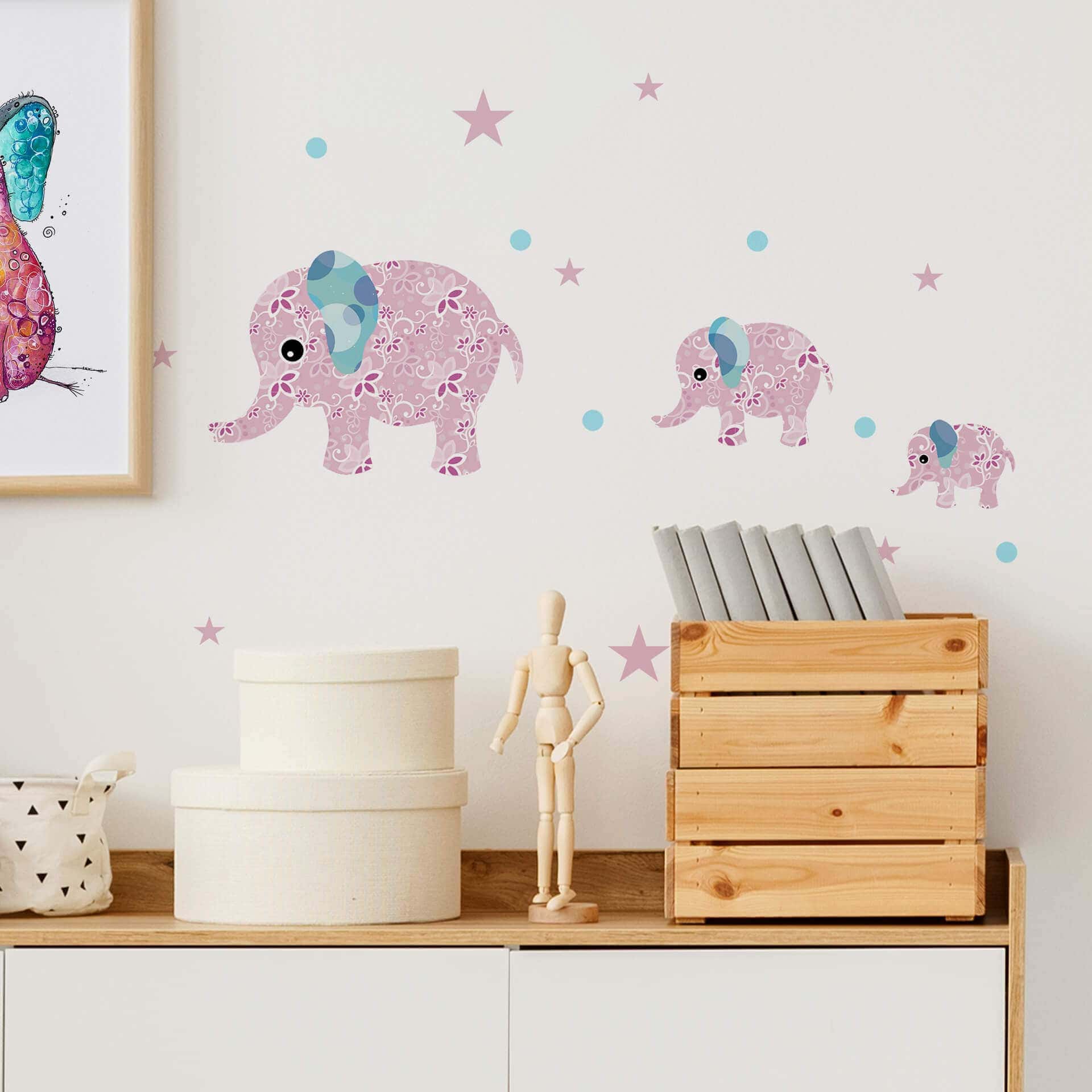 Wandtattoo Muster-Elefanten-Set rosa