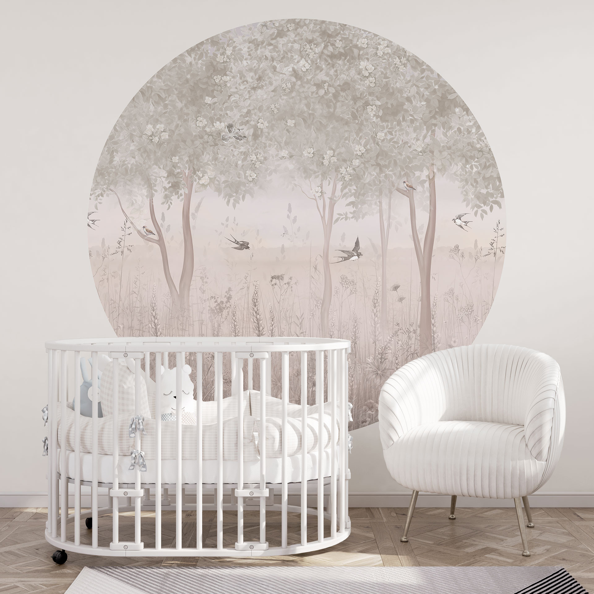 Fotobehang kinderkamer zomerzwaluwen in een bos bloemen - Ms Tiff - rond - zelfklevend/niet-geweven