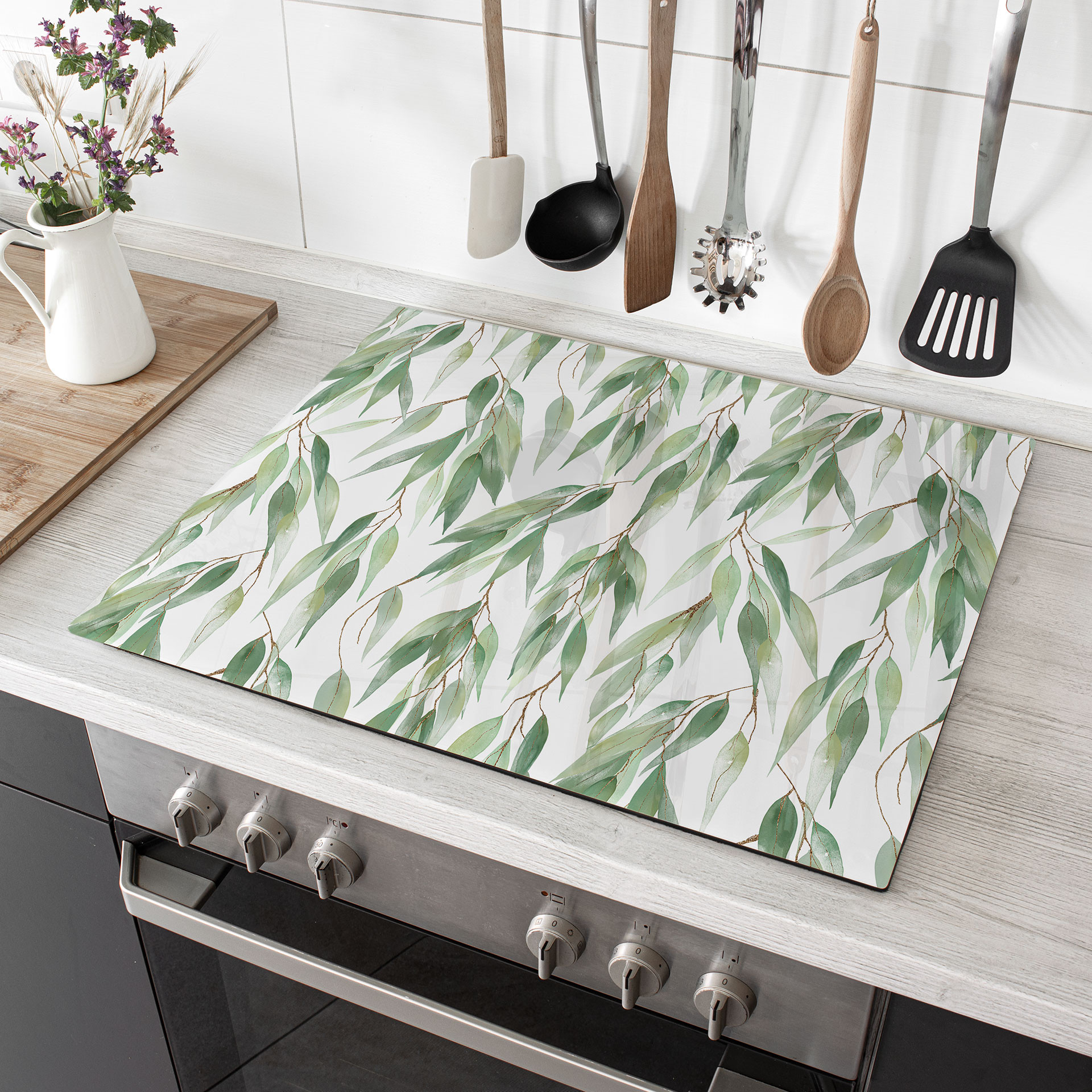Herdabdeckplatte Zweige mit grünen Blättern - UN Designs