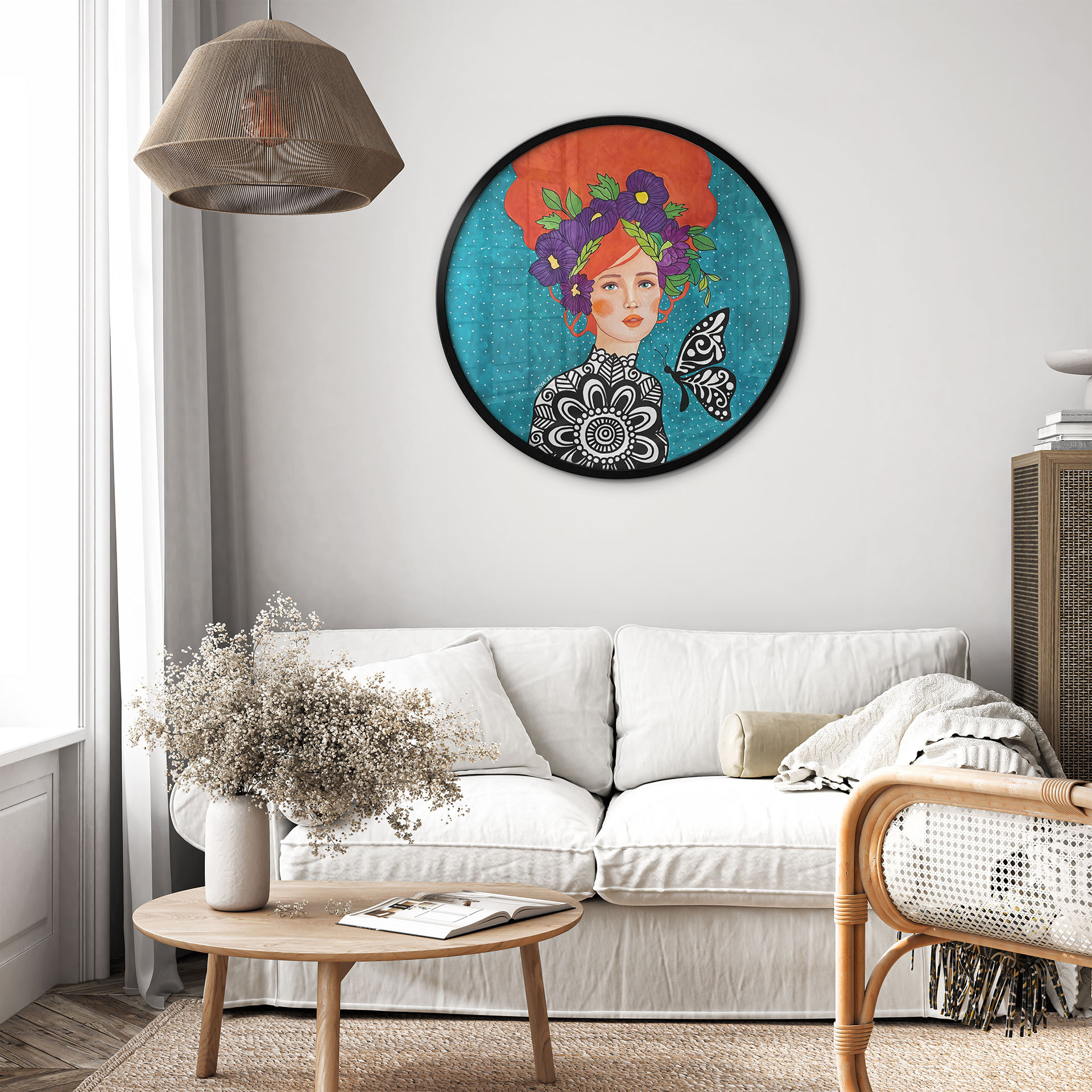 Poster Femme papillon avec couronne de fleurs - Hülya - Rond