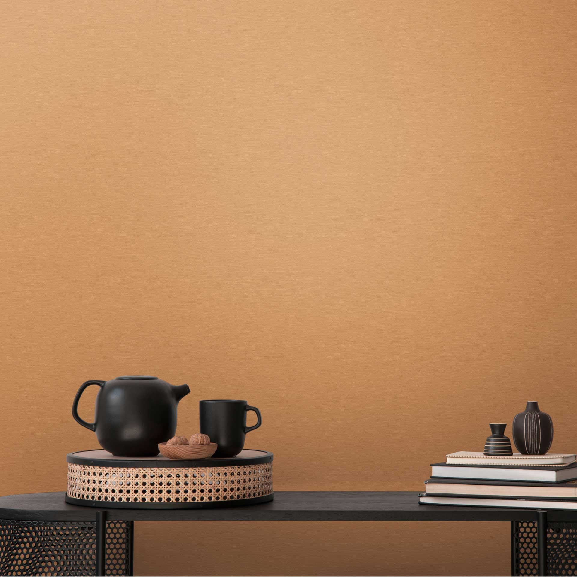 Textuurbehang in linnenlook mosterdgeel - modern Vliesbehang warm & uitnodigend