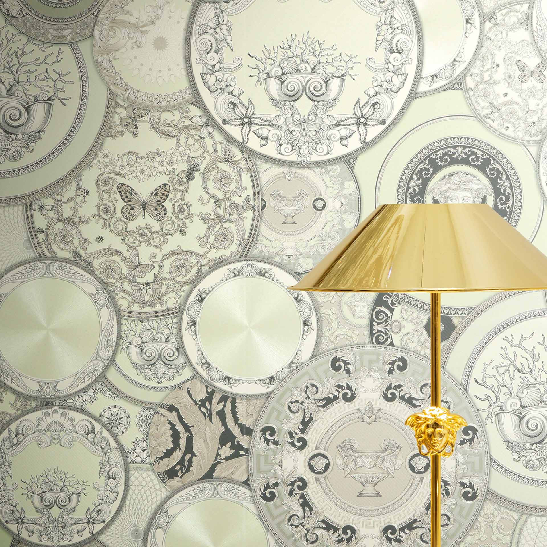 Versace Vliesbehang Art De La Table Cirkels Meander Medusa Groen Grijs Metallic