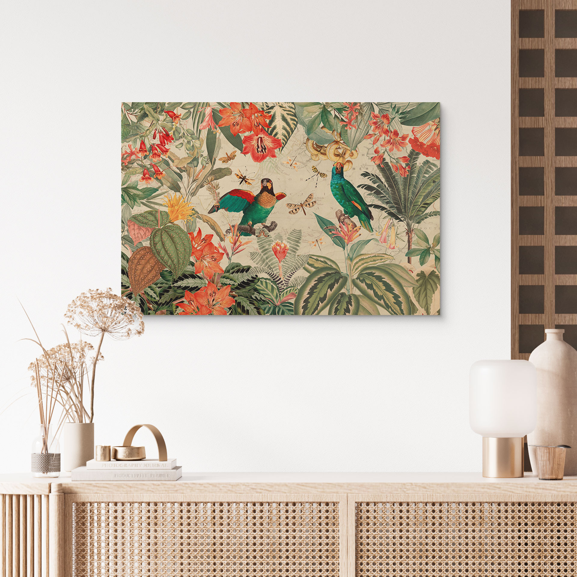 Plakat drewniany Egzotyczna dżungla z papugami - UN Designs