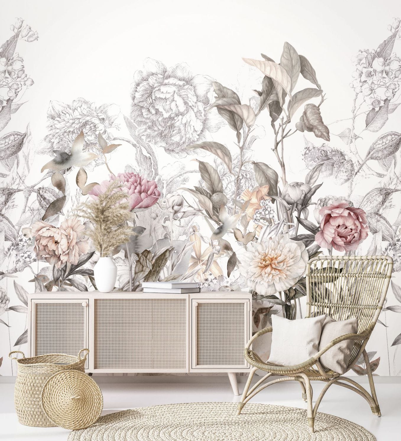 Papier peint photo motif fleurs vintage dessin en gris rosé 2,7 x 2,65 m