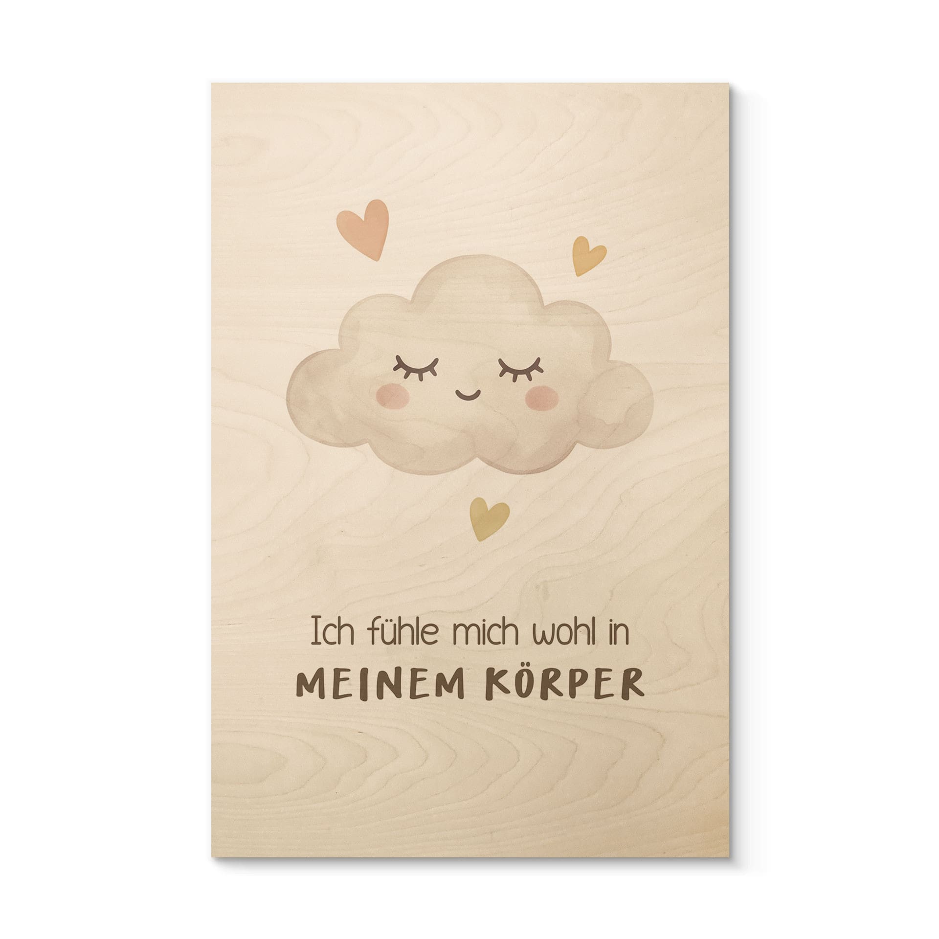 Holzbild mit Wolke - Glaubenssatz 'Ich fühle mich wohl in meinem Körper' fürs Kinderzimmer