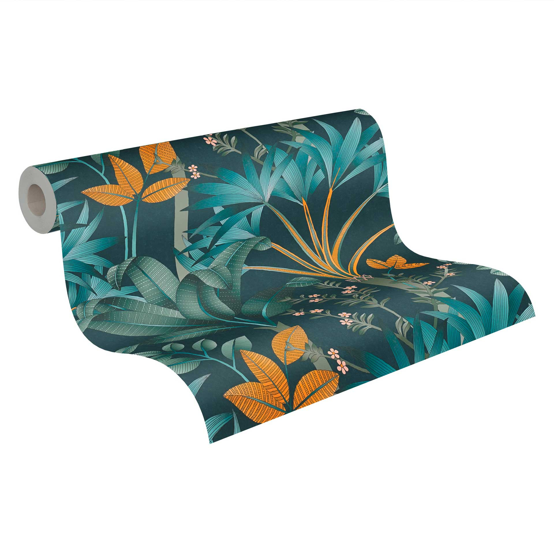 grafisch behang jungle blauw oranje - vliesbehang palmbladeren