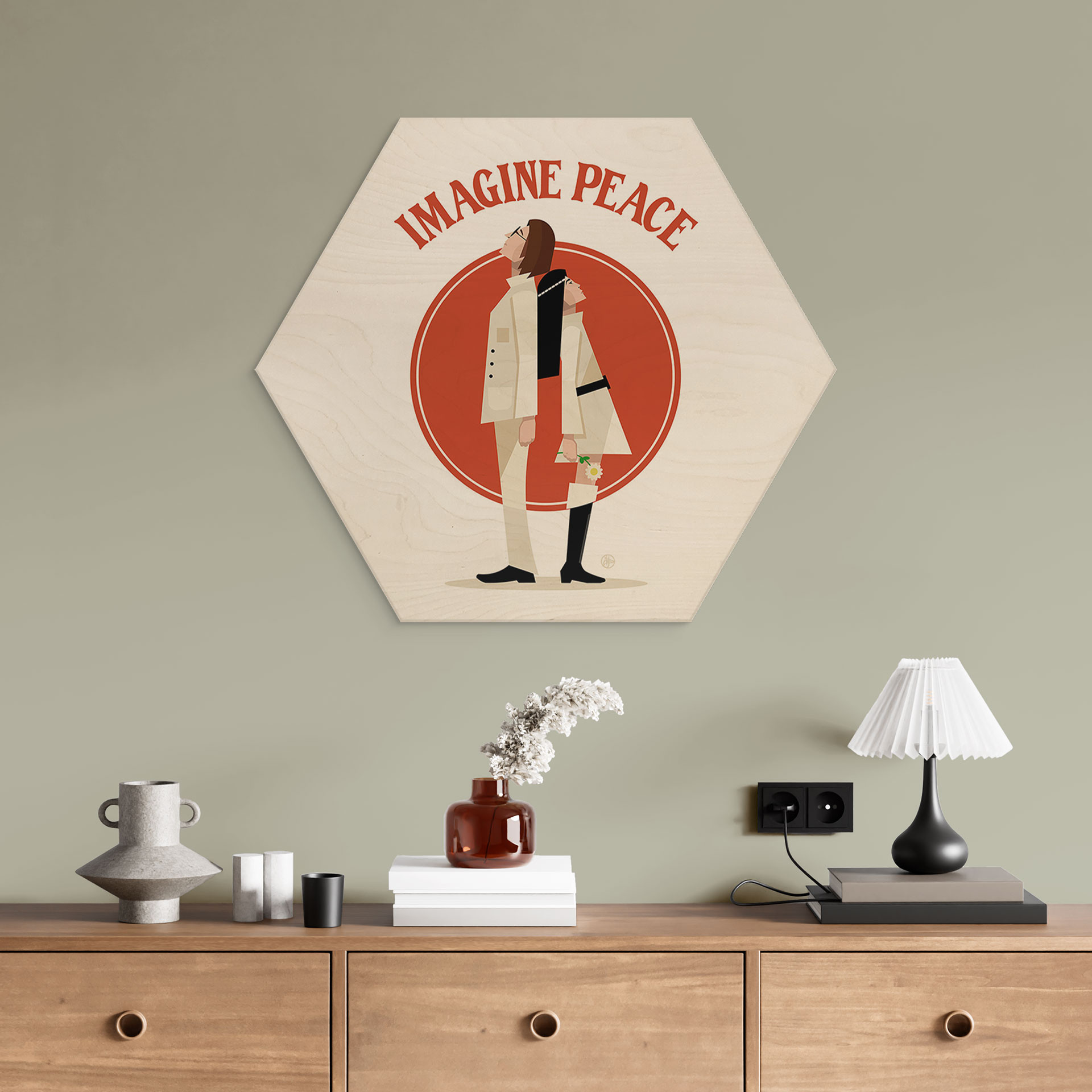 Sekskantet billede af træ Imagine Peace - To for fred og håb - Retrodrome