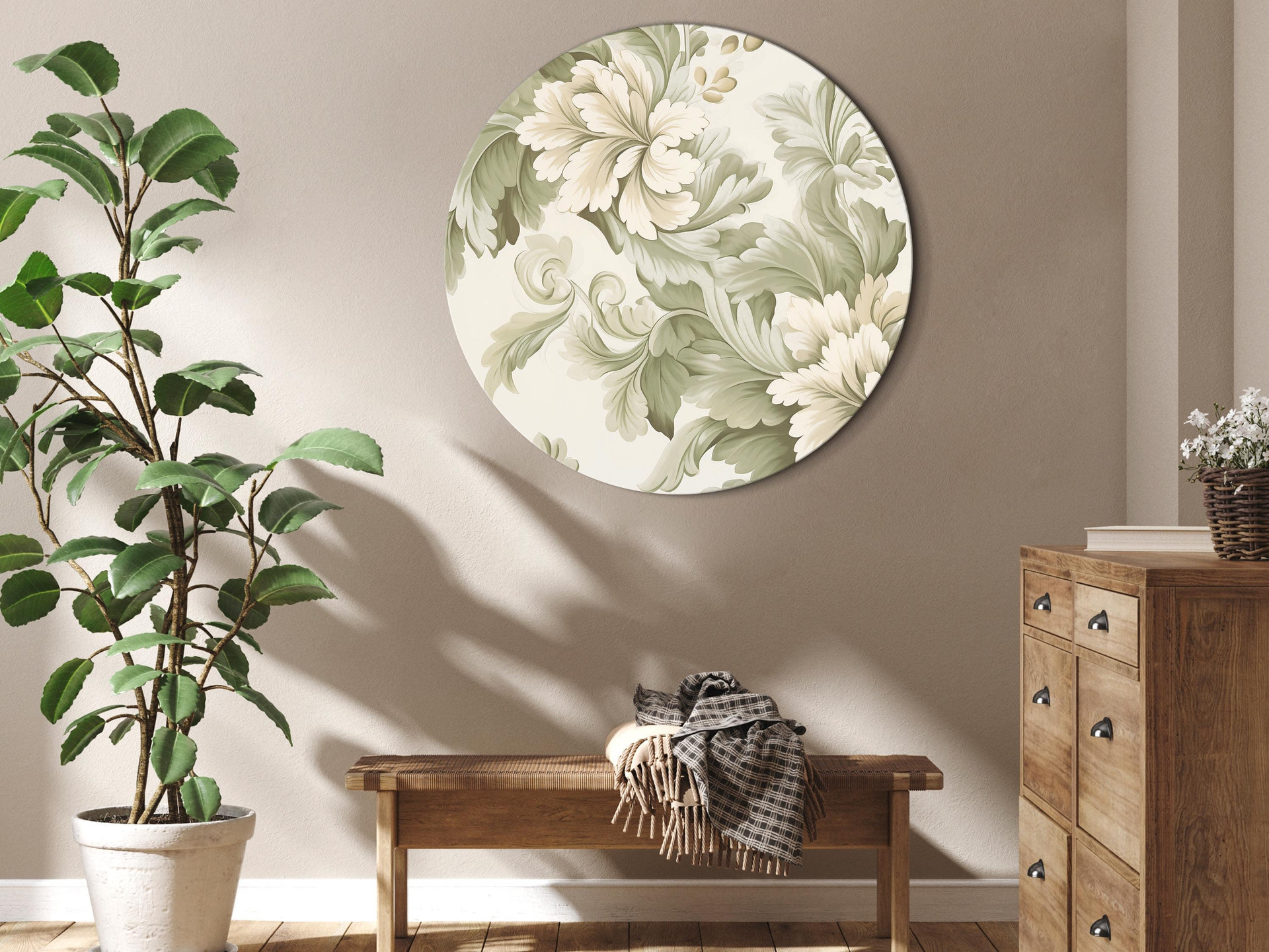 Rundes Leinwandbild Retro Vintage Blumen in zarten Creme- und Grüntönen
