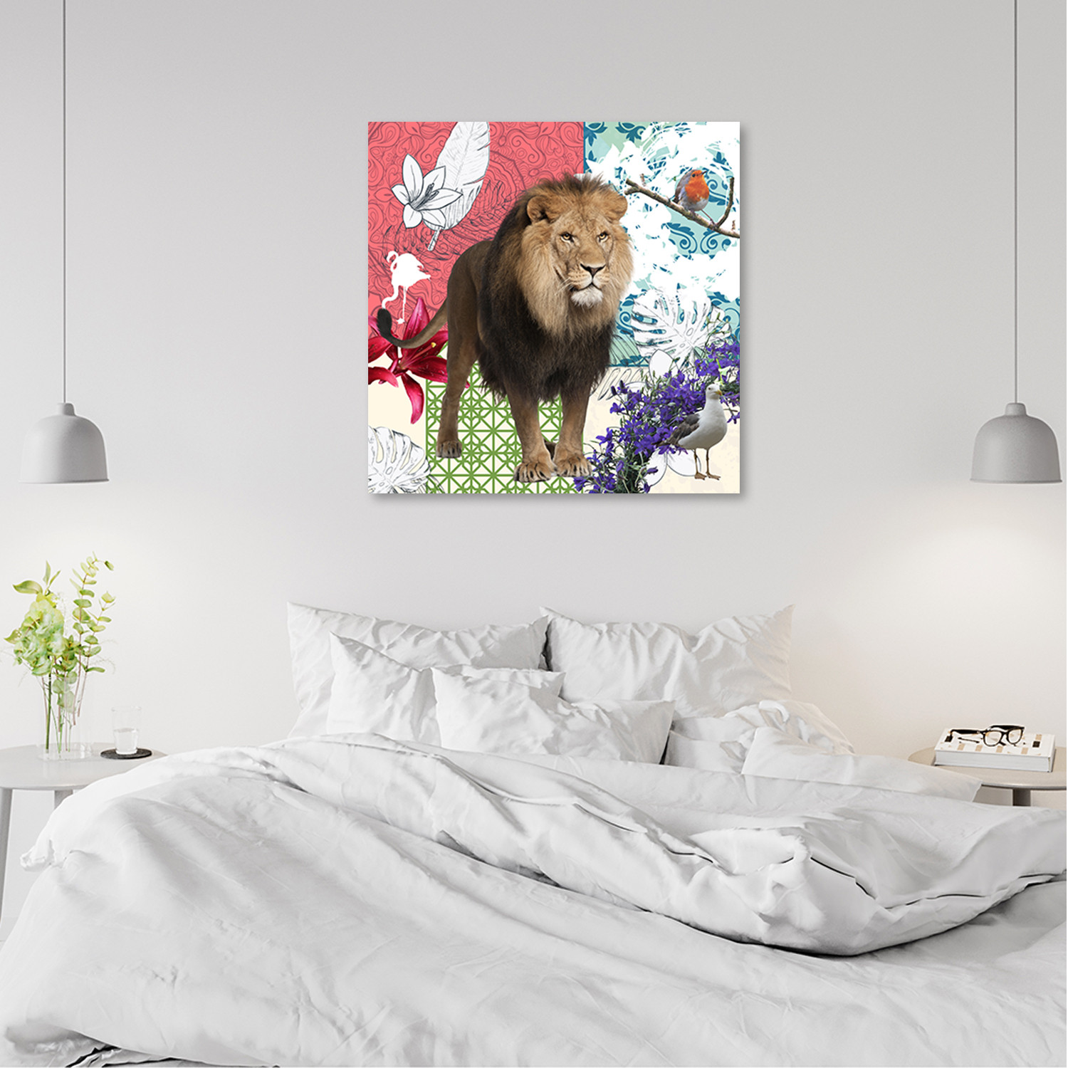 Canvasbillede, Løve og fugle-collage