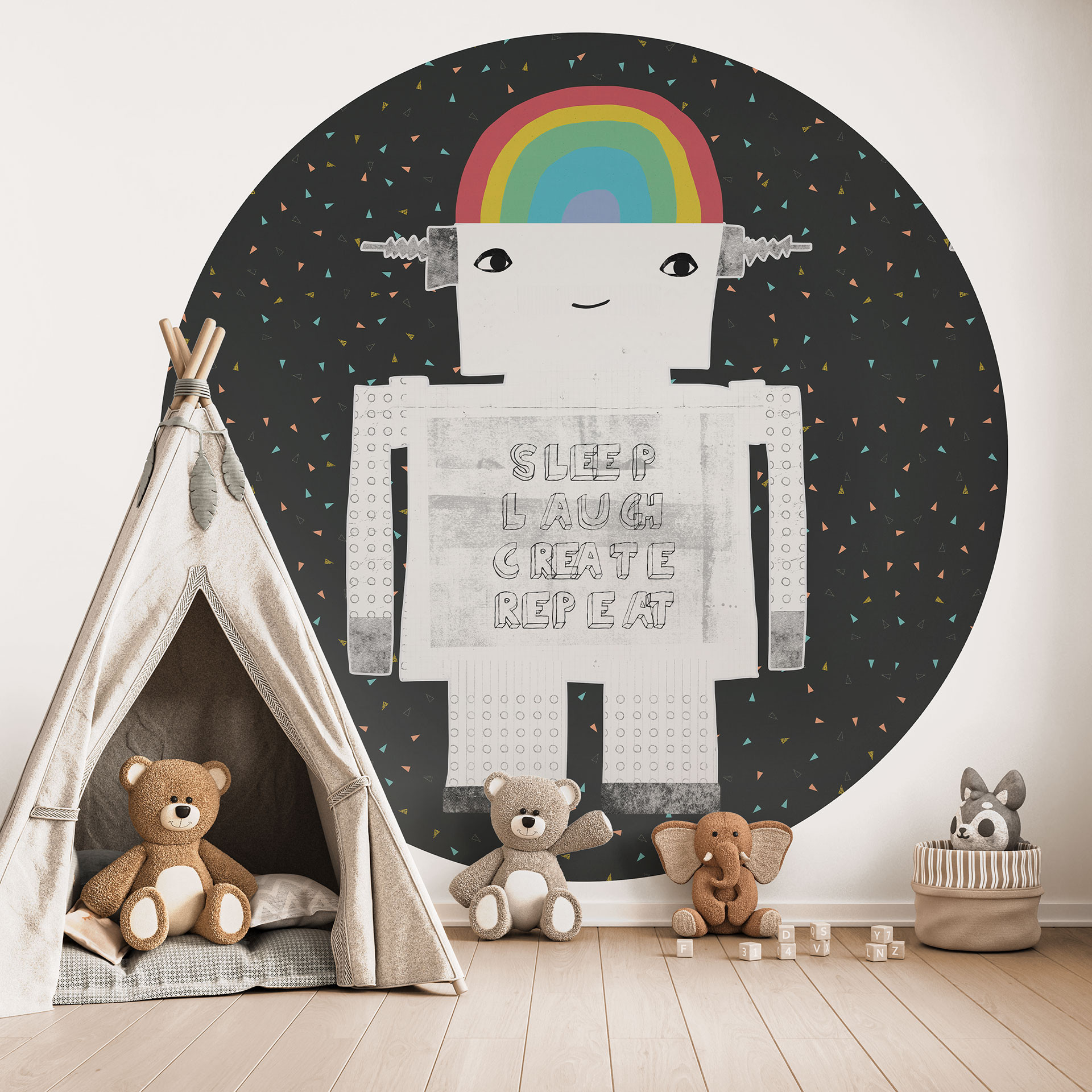 Fotobehang Regenboog Robot Slapen Lachen Creëren - Treechild - Rond - Zelfklevend/niet-geweven