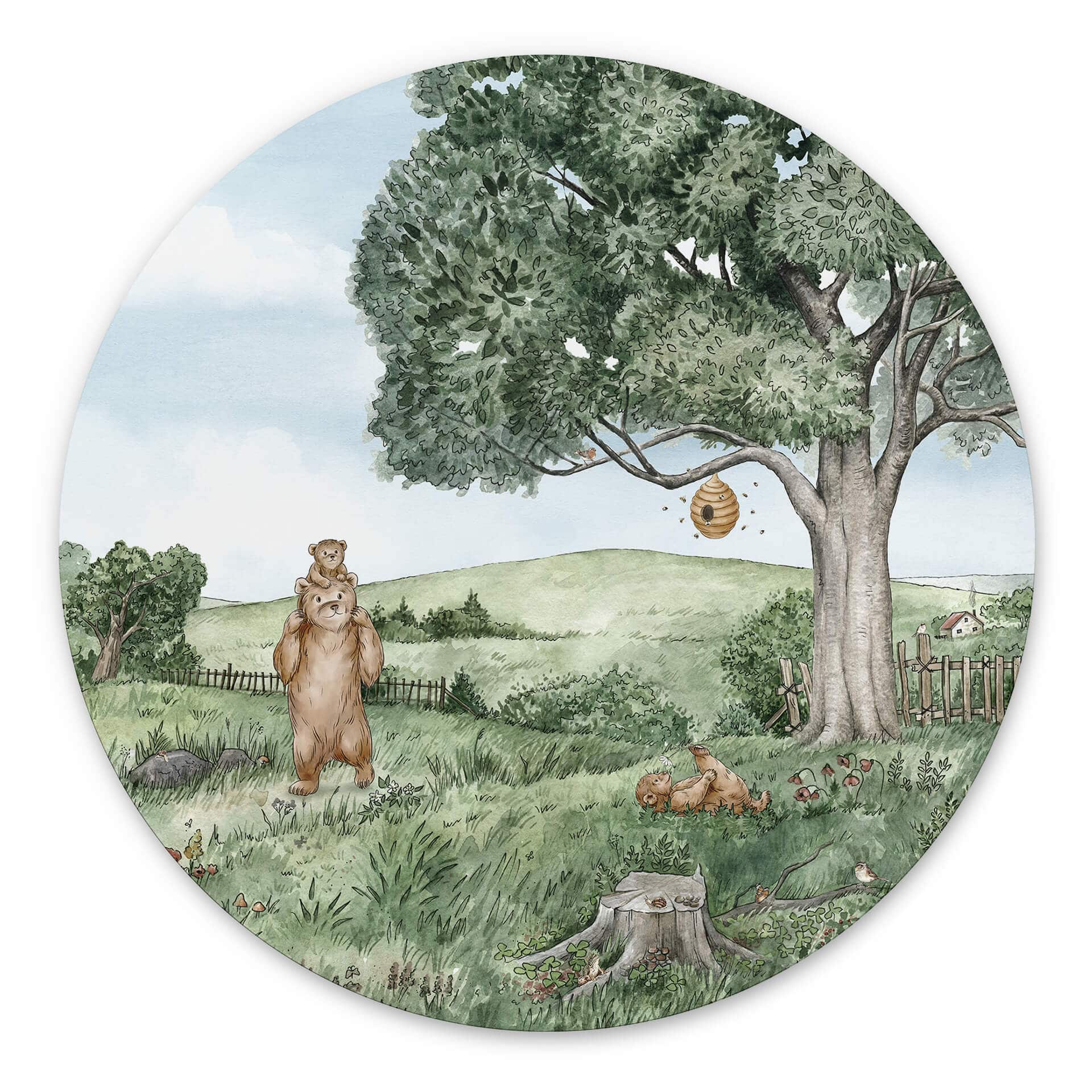 Tableau sur alu-Dibond rond Kikki Belle - Ours et Abeilles