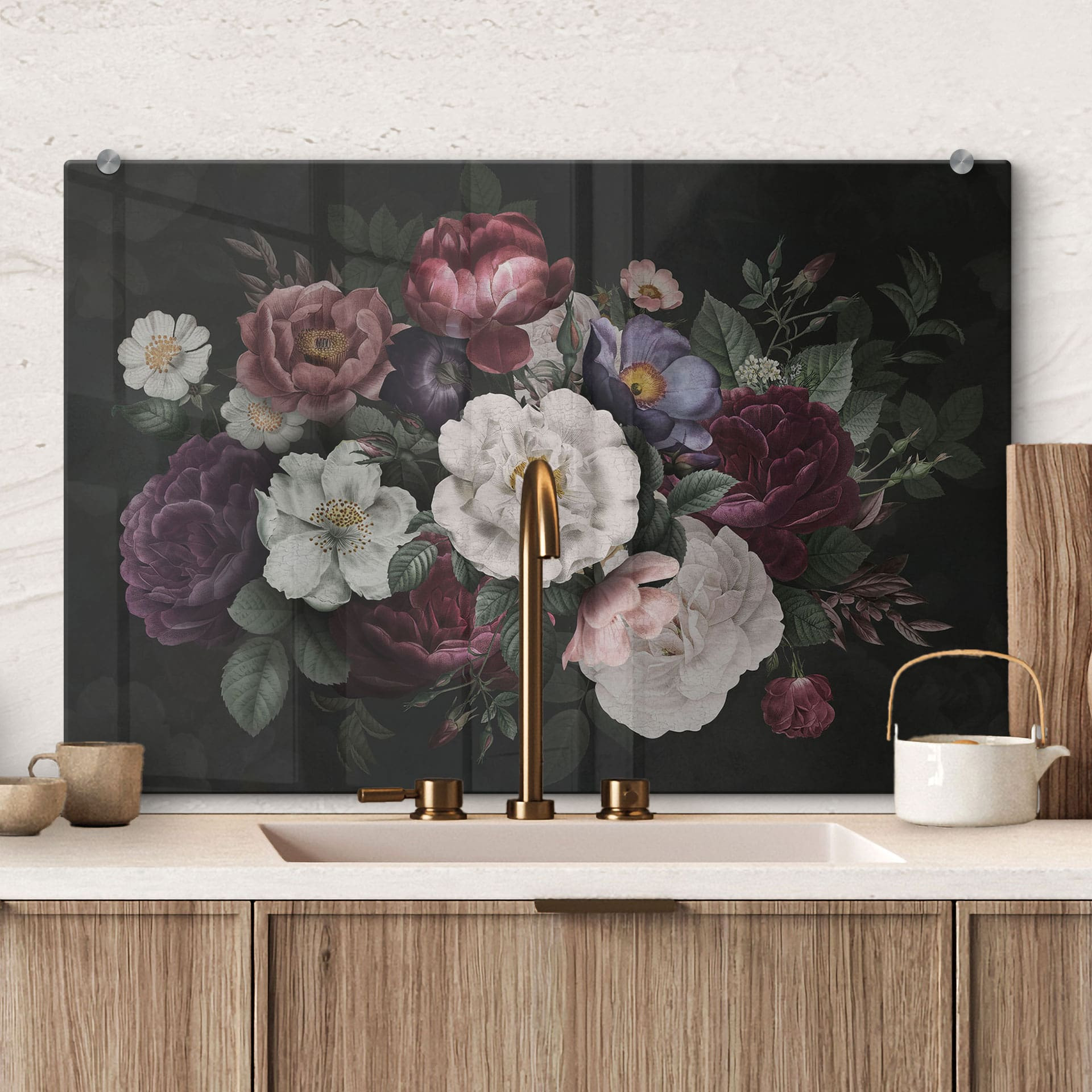 Panel szklany do kuchni Martwa natura z kwiatami w stylu Redouté - Bloomery Decor
