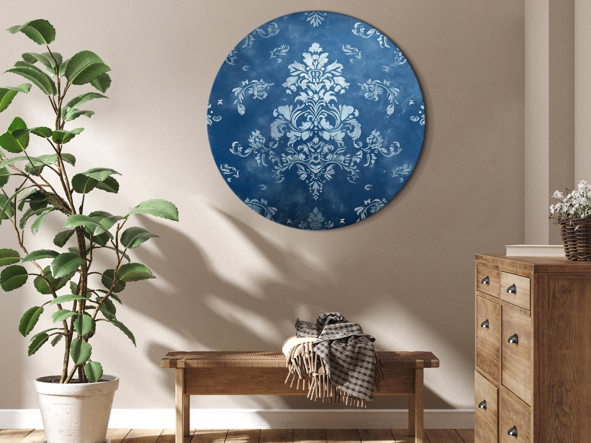 Rundes Leinwandbild Retro Ornament: Dekoratives Motiv in verwaschenem Blau