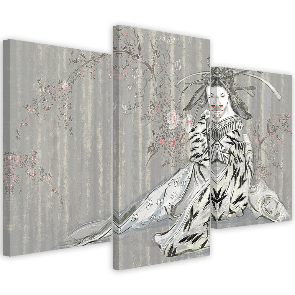 3 stykke lærredstryk, traditionel japansk geisha
