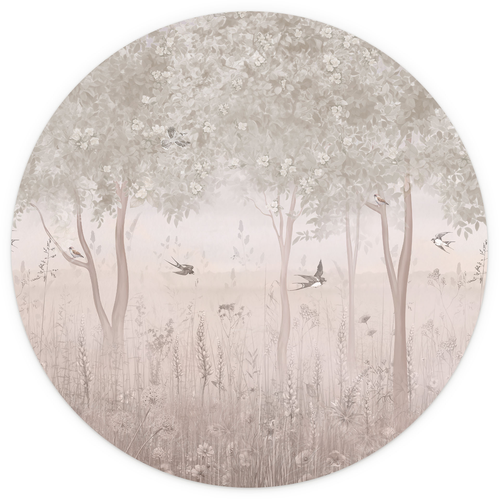 Fotobehang kinderkamer zomerzwaluwen in een bos bloemen - Ms Tiff - rond - zelfklevend/niet-geweven