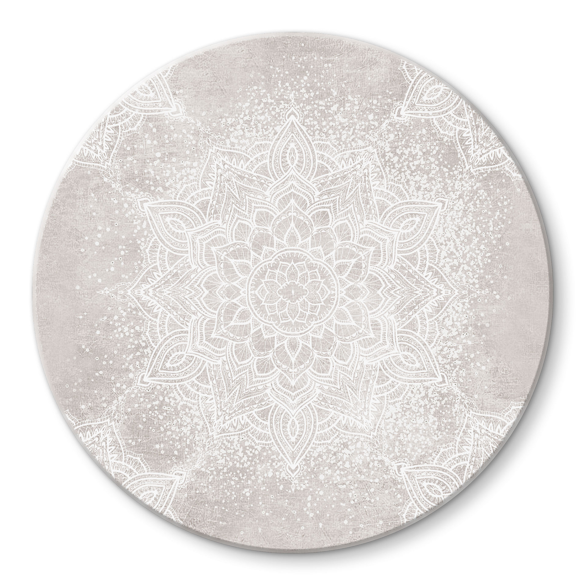 Glasbillede - Blid mandala på grå-beige - Bloomery Decor - Rund