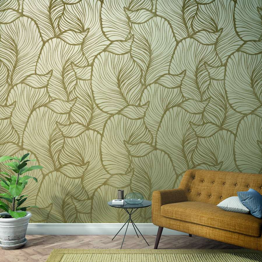 Abstract bladmotief behang Beige, Bloemig 2.70 x 1.59 m