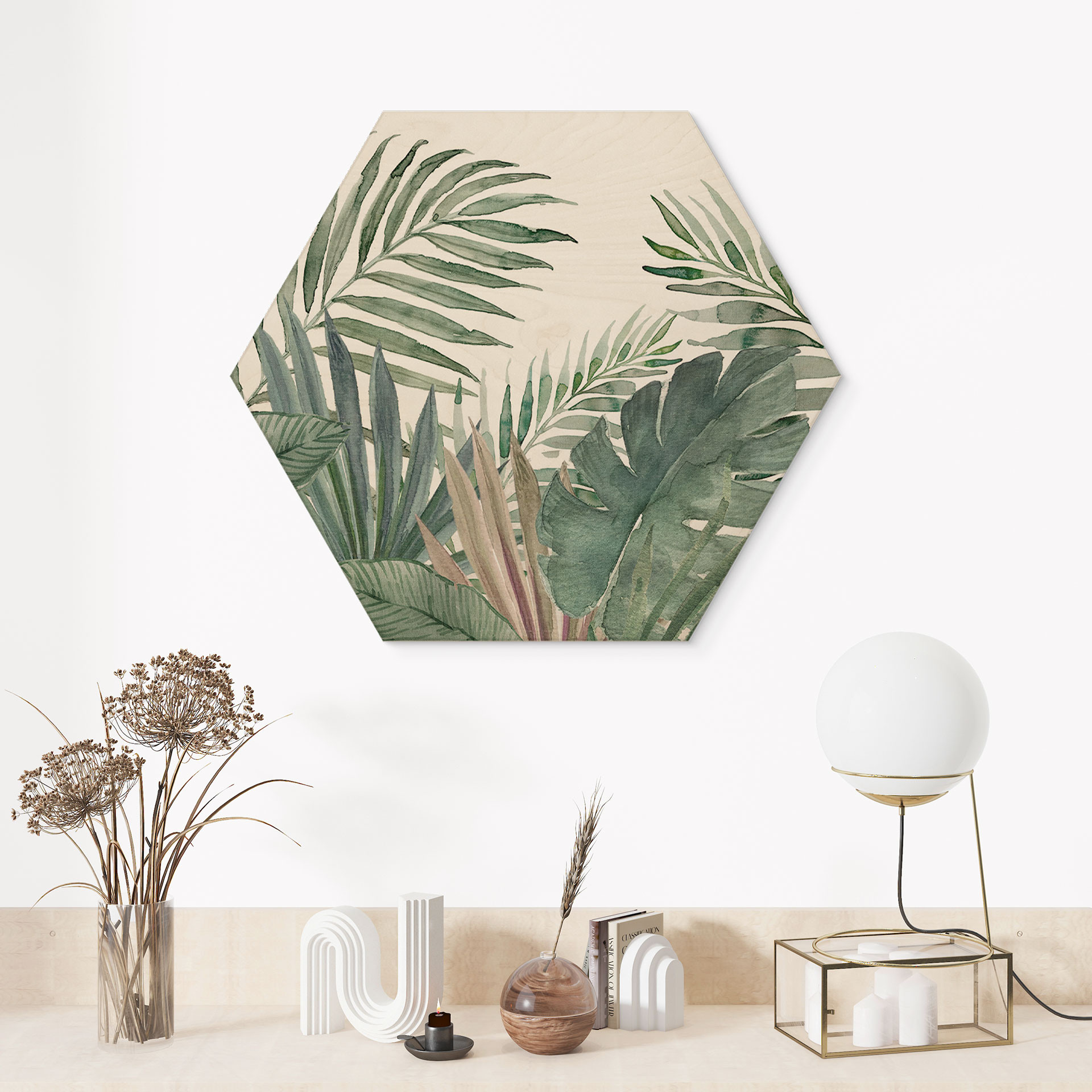 Sekskantet billede af træ jungleblade grøn akvarel - Bloomery Decor