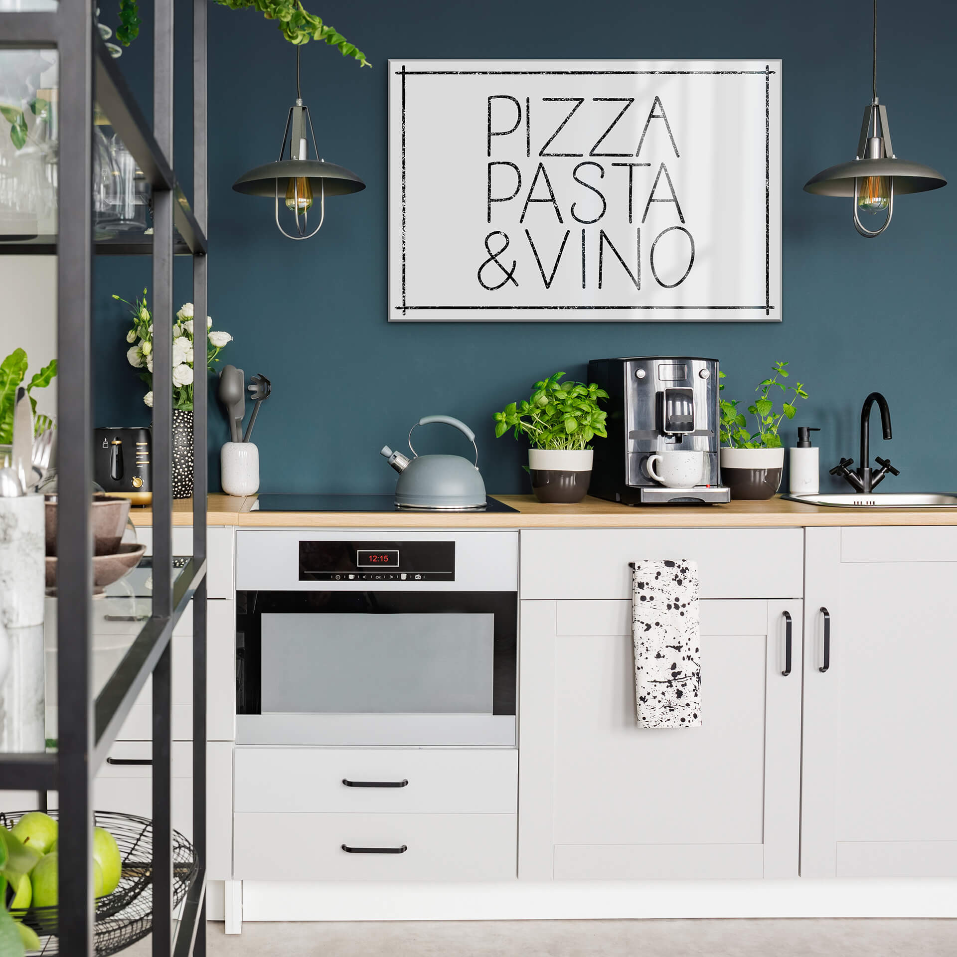 Akrylbillede Pizza Pasta & Vino hvid