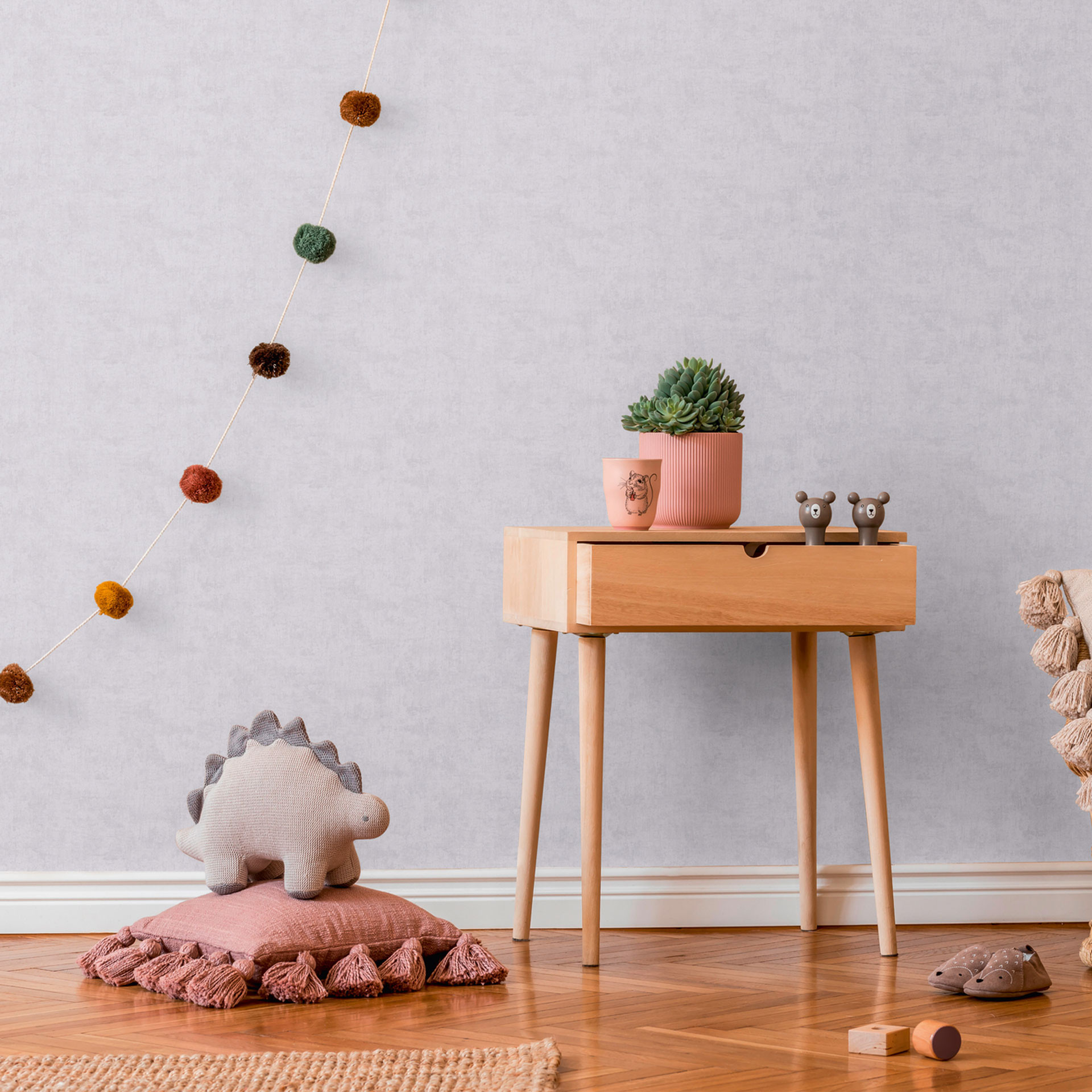Eenkleurig behang lichtgrijs kinderkamer - monochroom behang modern