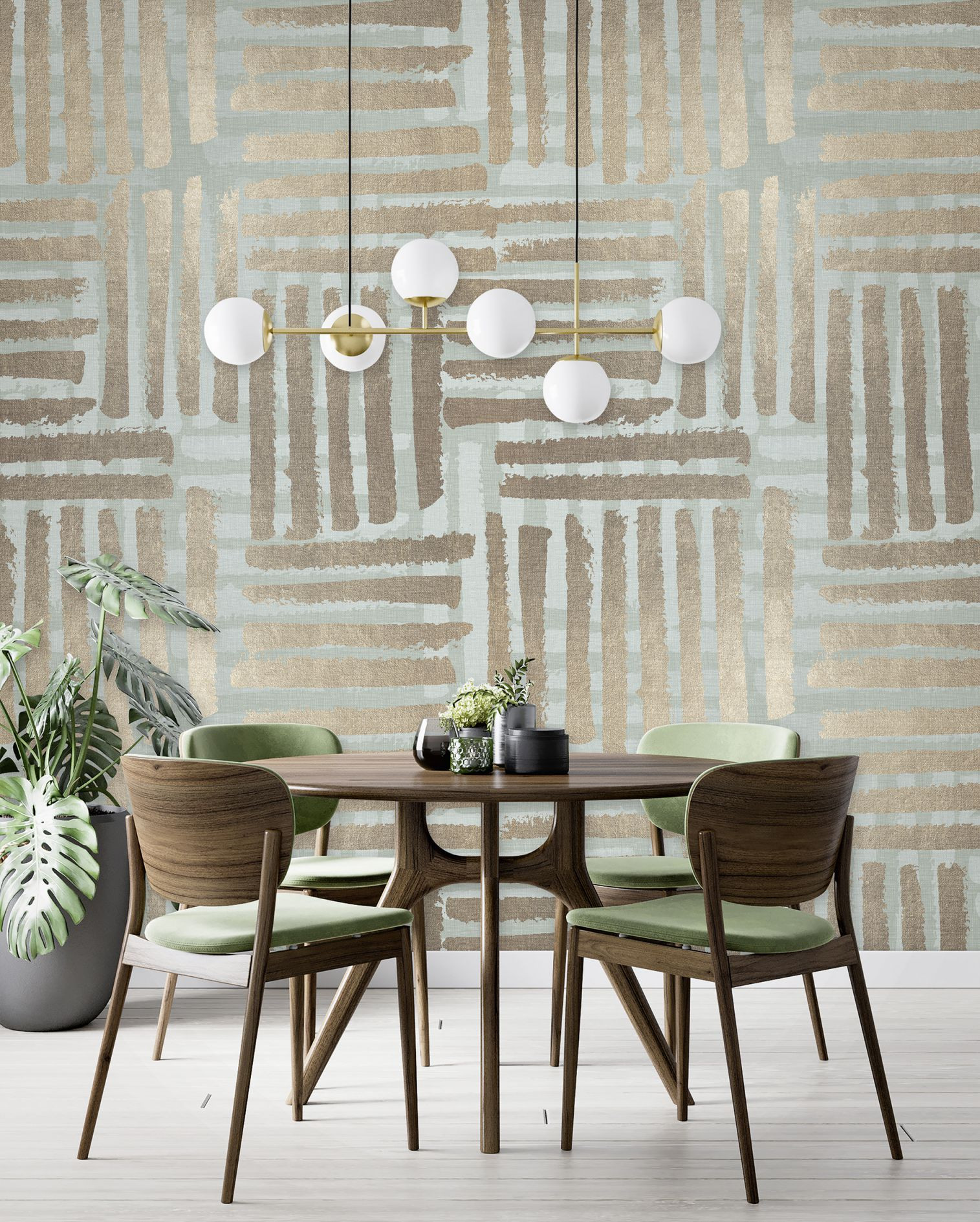 Papier peint photo Motifs de rayures graphiques dans les tons beige et vert sauge 3,4 x 2,12 m