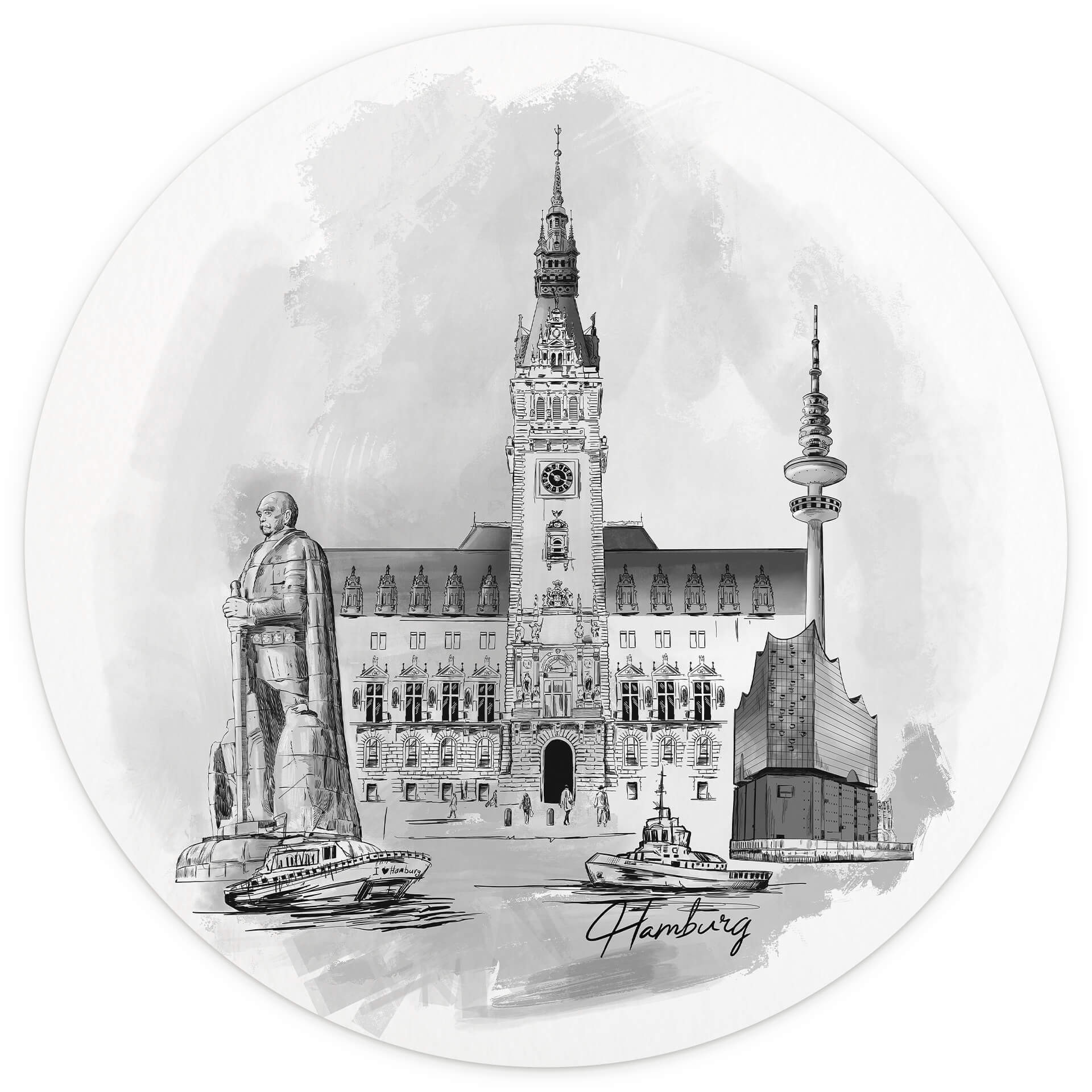 Behangcirkel Love your City Hamburg zwart wit illustratie - vliesbehang/zelfklevend vliesbehang