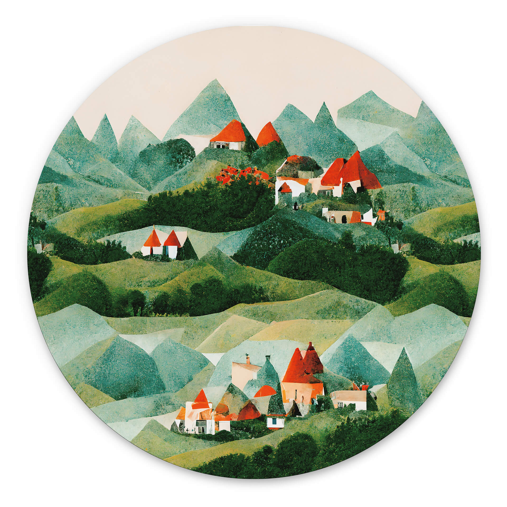 Vægcirkel Treechild - Small village in the middle of green hills – print på aluminium (Alu-Dibond)