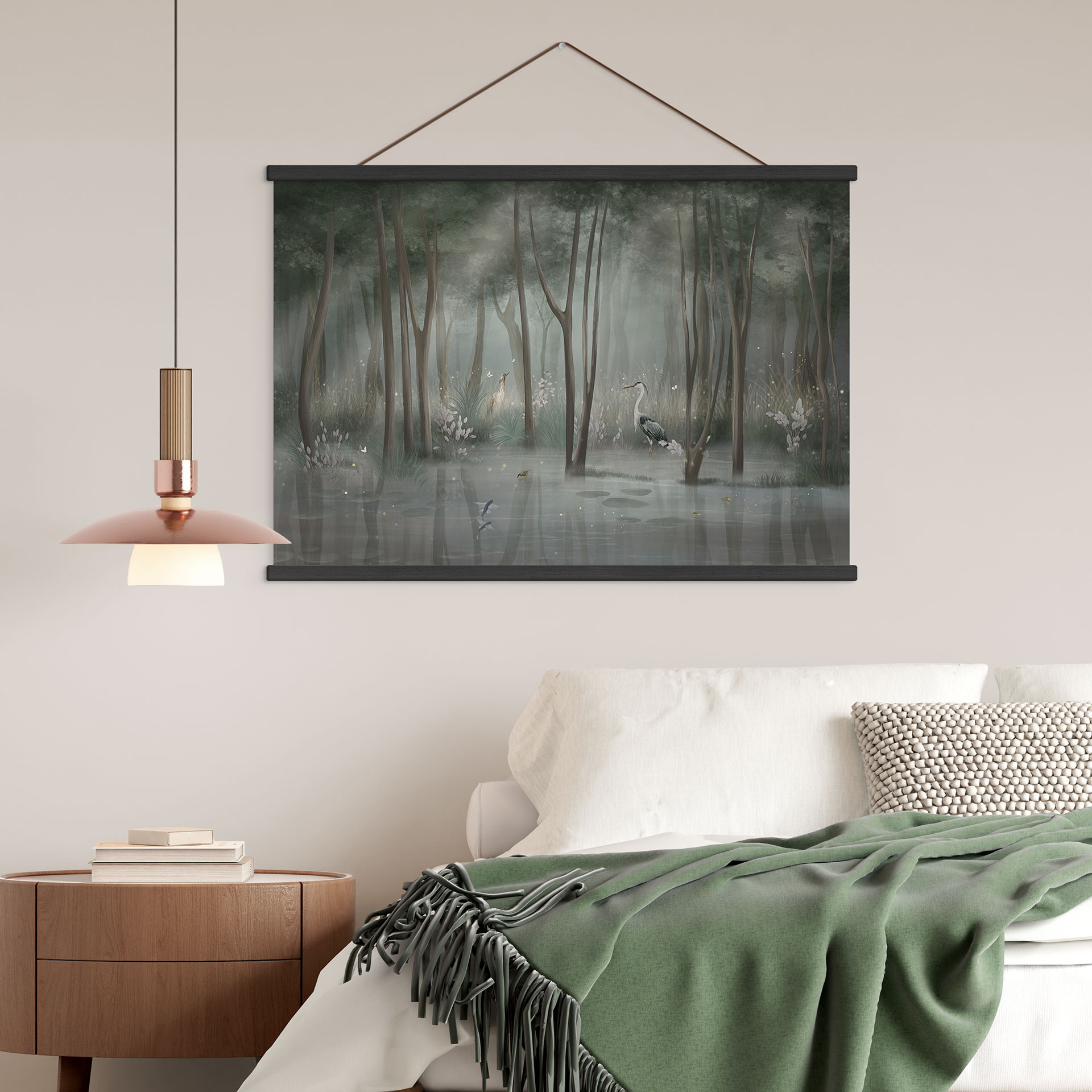 Textielposter Mistig bos aan het meer met reiger in groen - Ms Tiff
