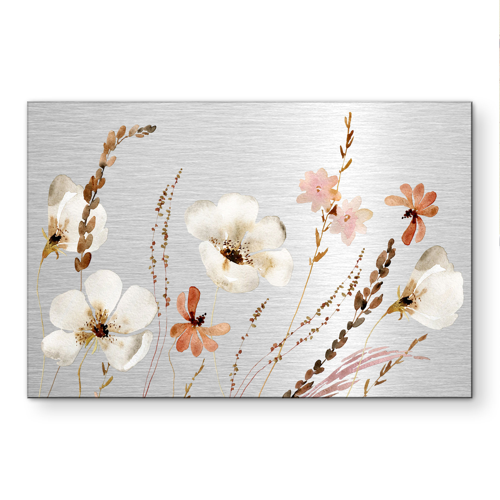 Alu-Dibond brossé avec Effet Doré, Argenté & Cuivré - Délicates fleurs aquarelle