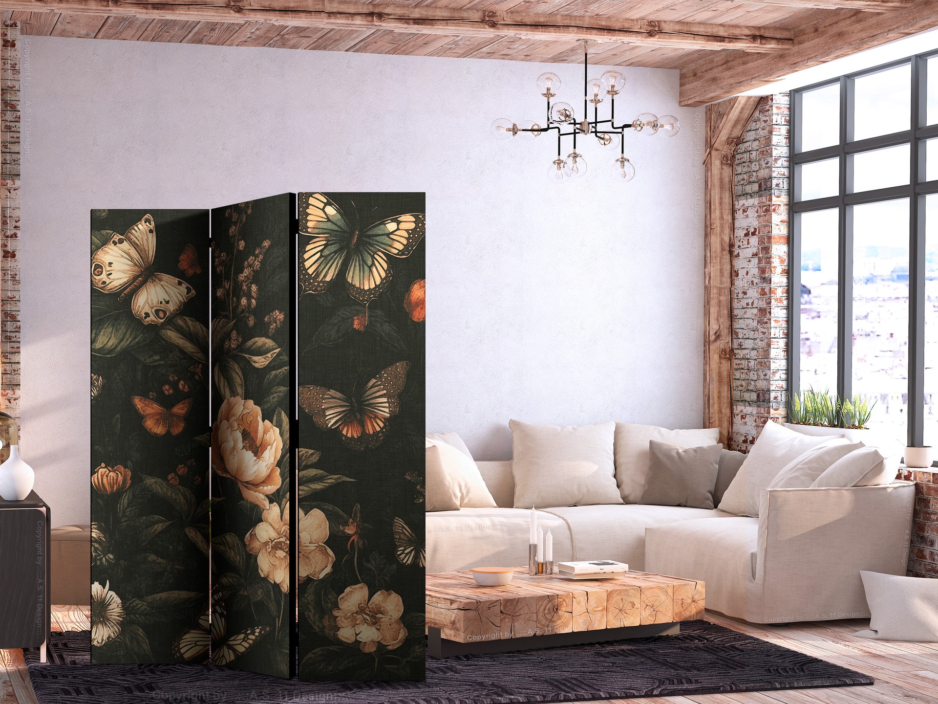 Paravent, Raumteiler freistehend, Trennwand - Mysterious Garden - Rustic Butterflies