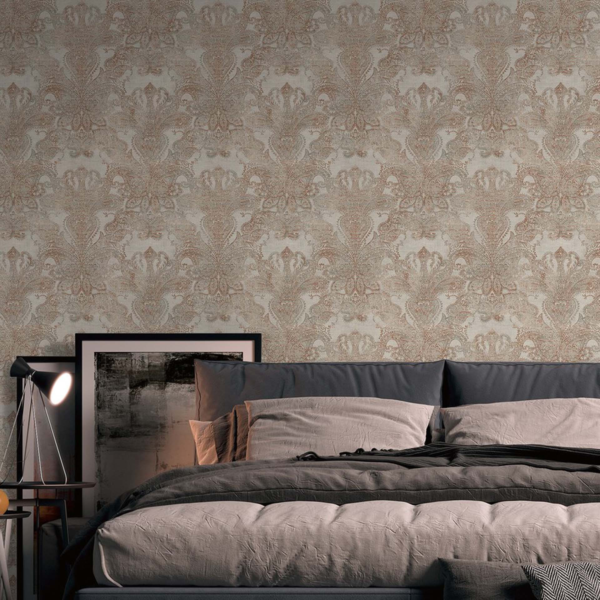 Vintage barok behang beige, grijs, roodbruin - vliesbehang met ornamenten