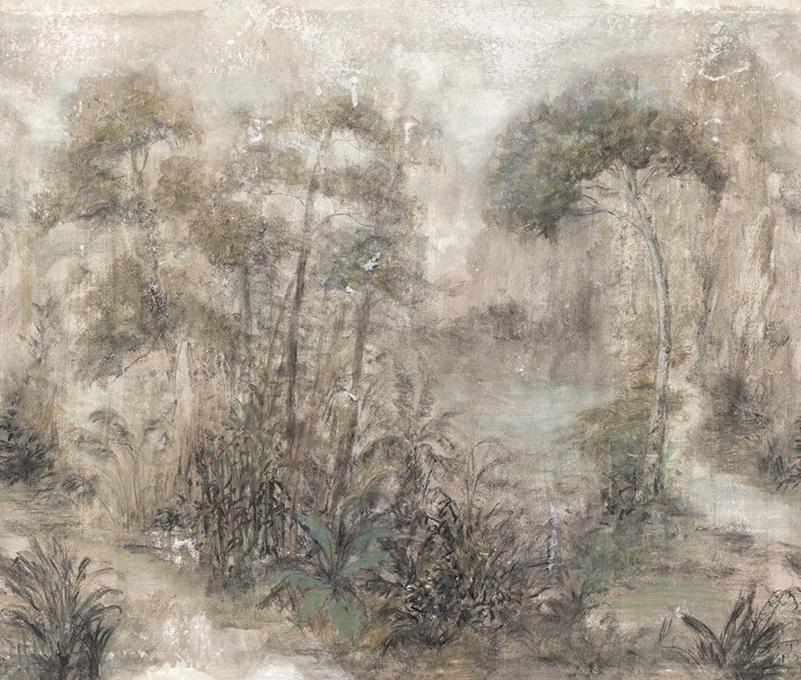 Fototapete in gezeichneter Wald beige, grün, braun Floral