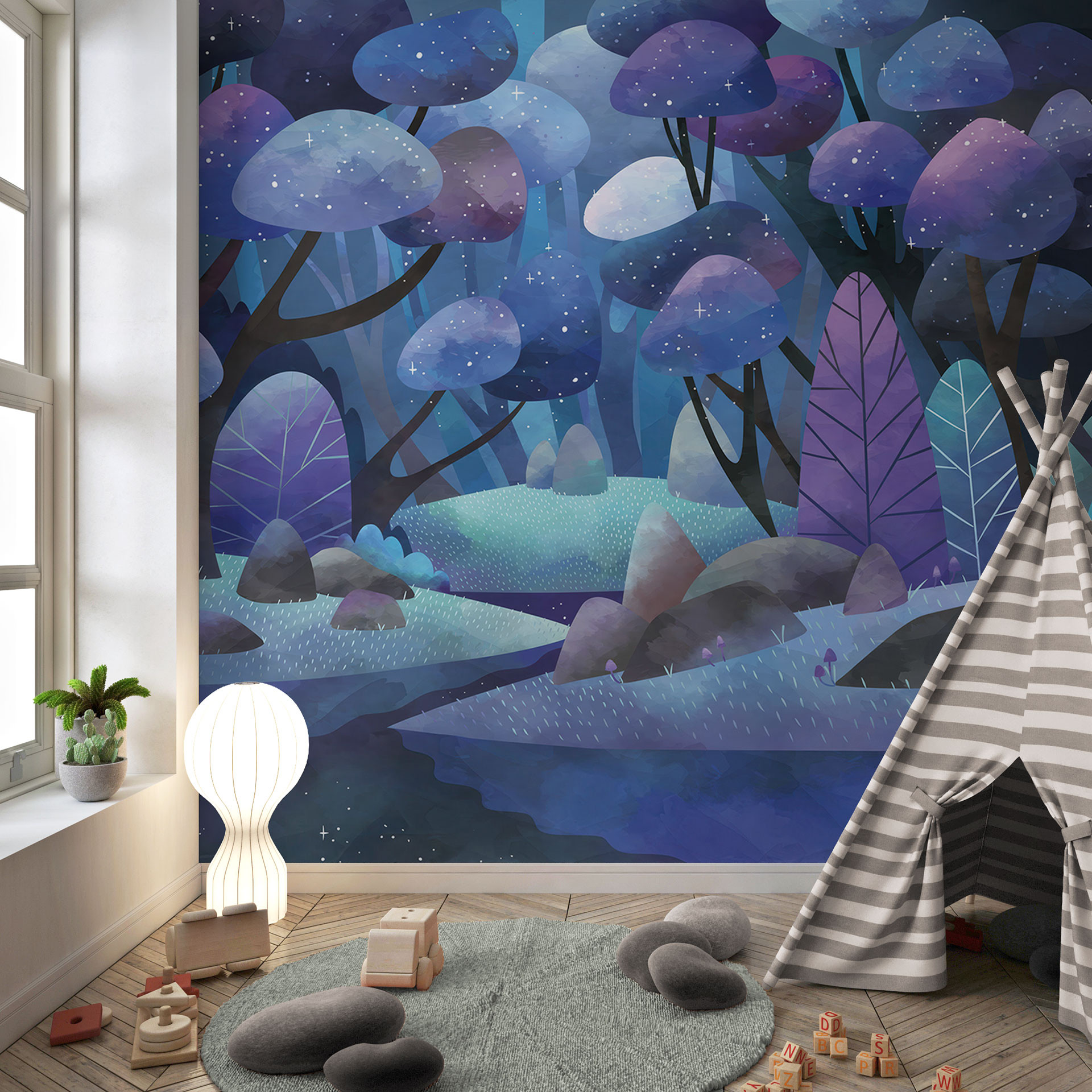 Fotobehang Fotobehang betoverd bos in middernachtblauw - DigitalArtsi
