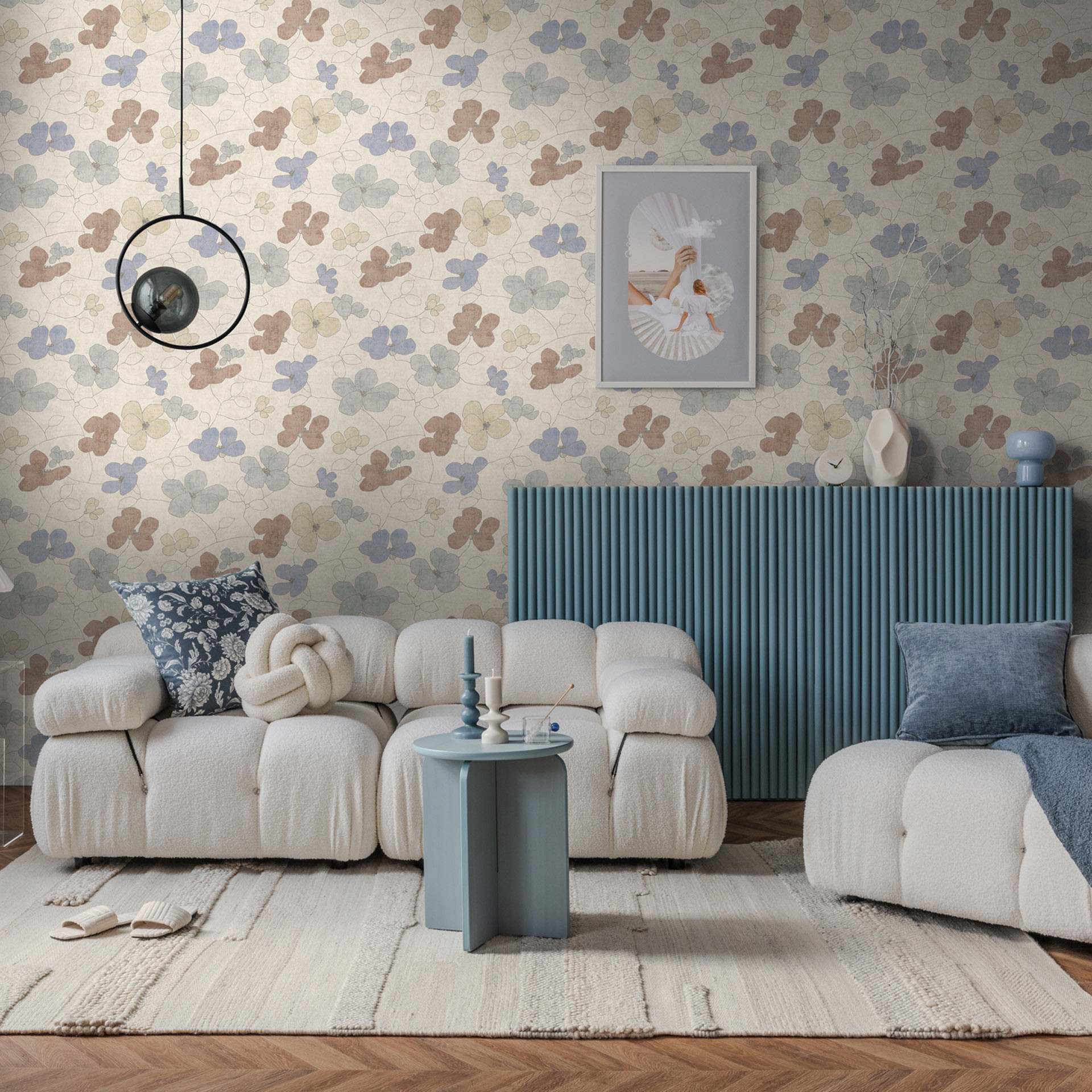 Non-woven tapet blomstret - fint stribemønster i natur & greige