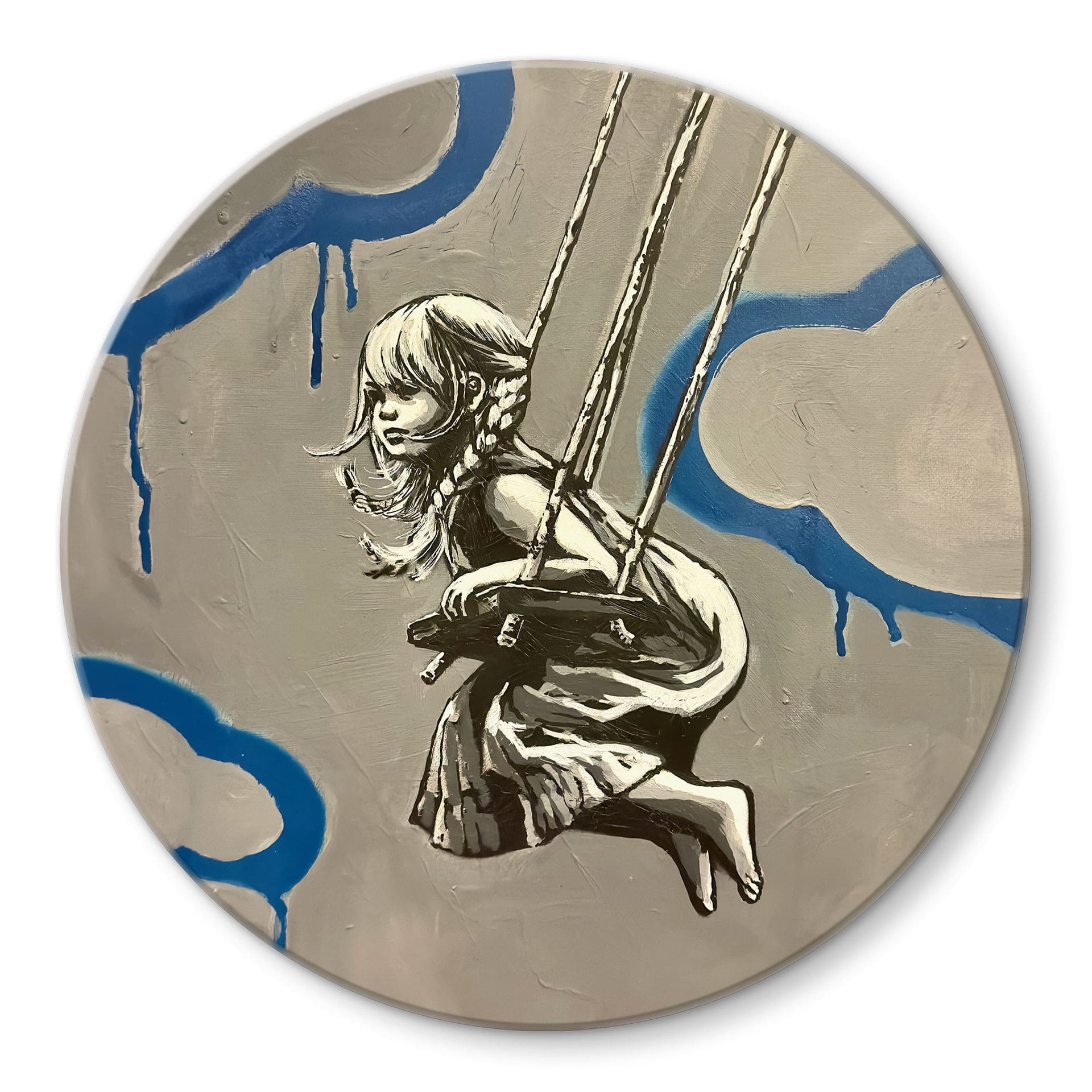 Glasbild Mädchen auf Schaukel Streetart - Habib - Rund - Ø 30 cm