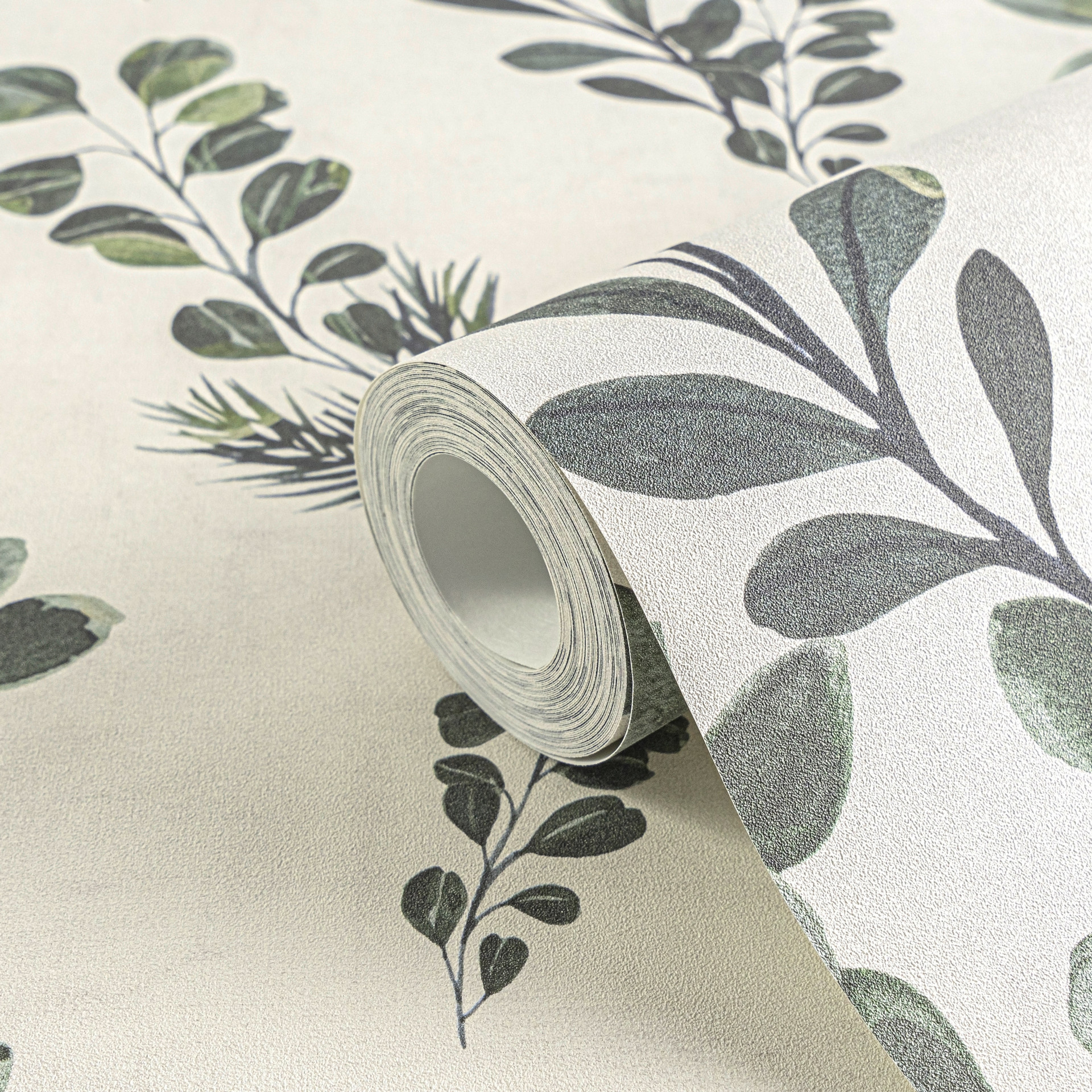 Bloemen behang wit groen - takken & bladeren aquarel stijl - Vliesbehang naturel