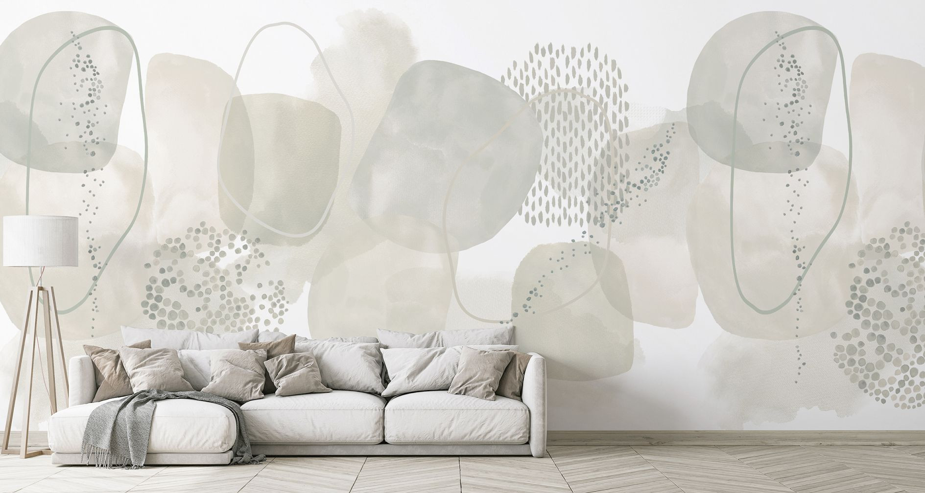 Papier peint photo Minimal Aquarell Shapes in Greige and Salbei with Punches 2,7 x 2,12 m