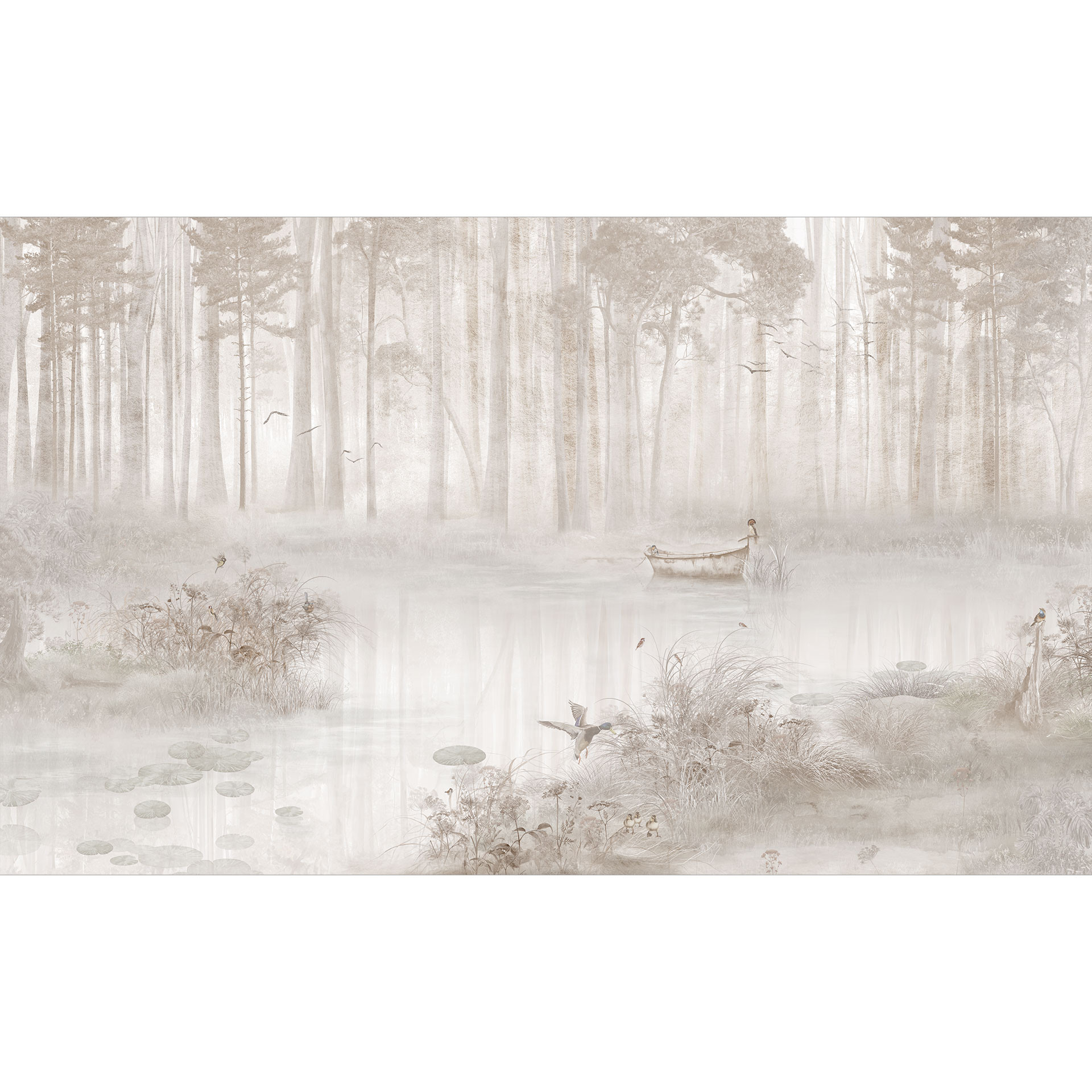 Bos Fotobehang - bos bij het meer in beige mist - Ms Tiff