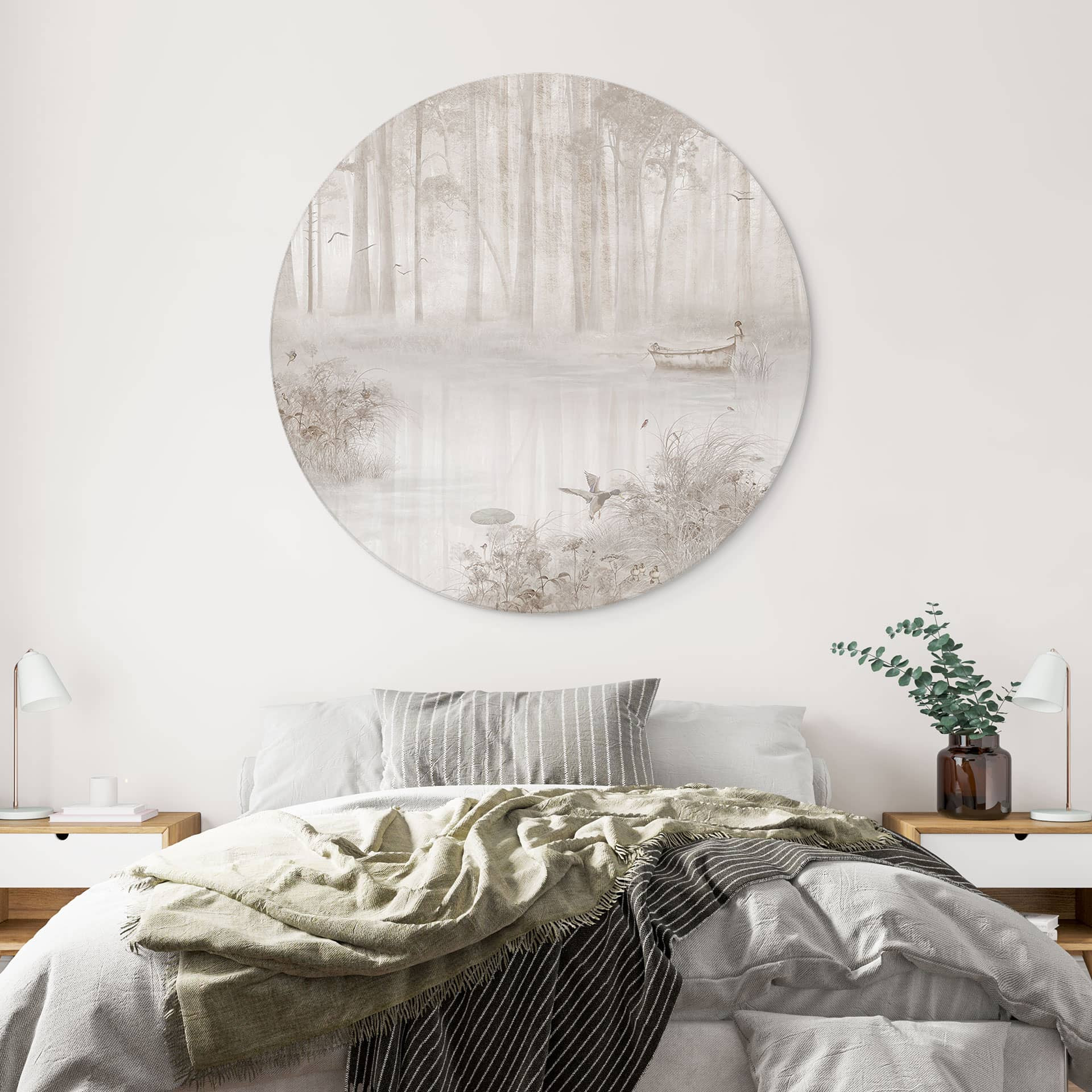 Wanddecoratie Bos aan het meer in beige mist - Ms Tiff - Alu-Dibond Rond