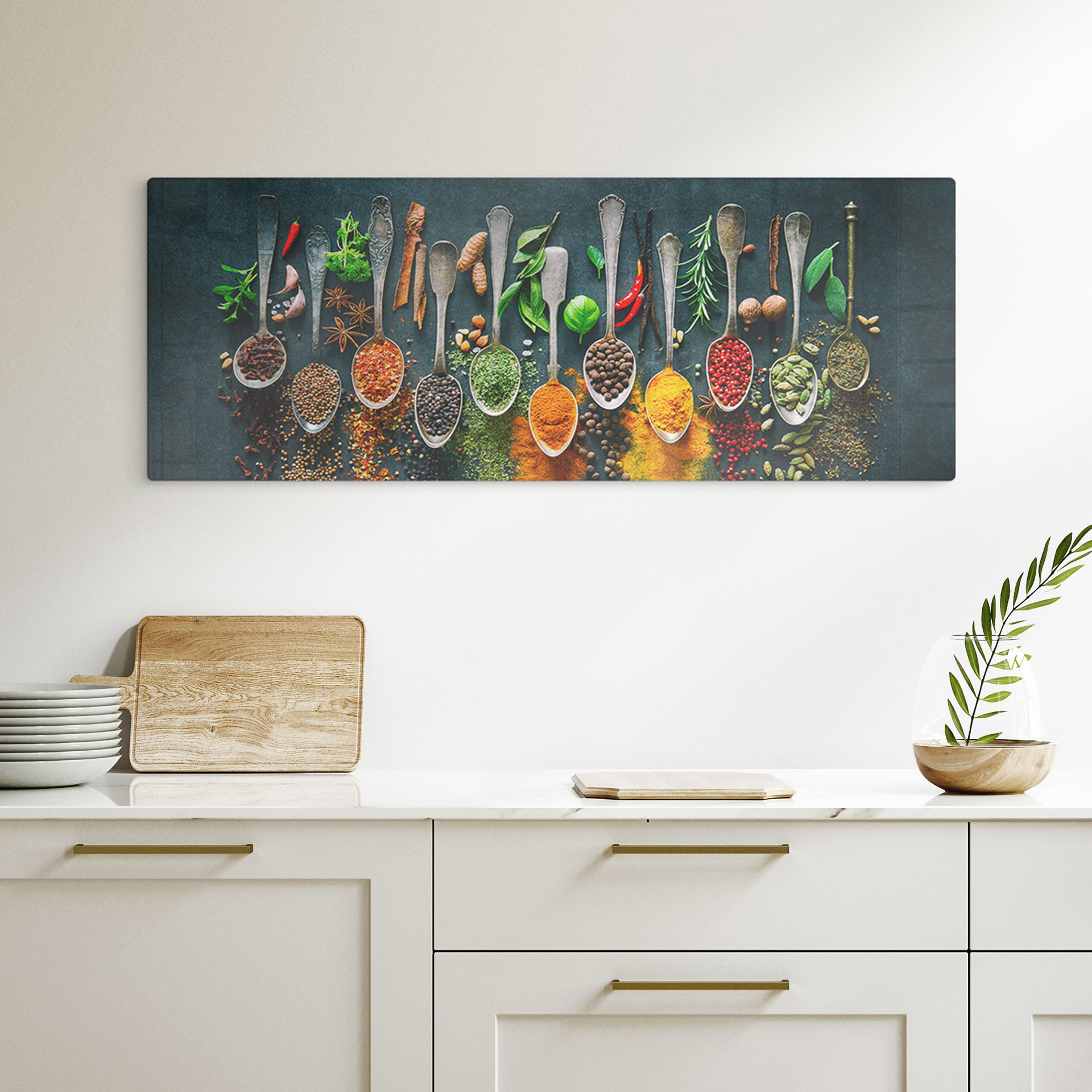 Glasbild Bunte Vielfalt an Gewürzen - Panorama
