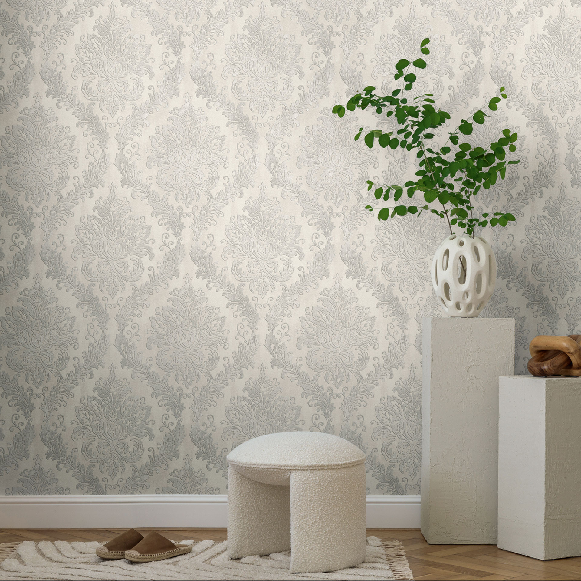 Barok behang crème zilver - Vliesbehang met Patroonbehang - klassiek Patroonbehang