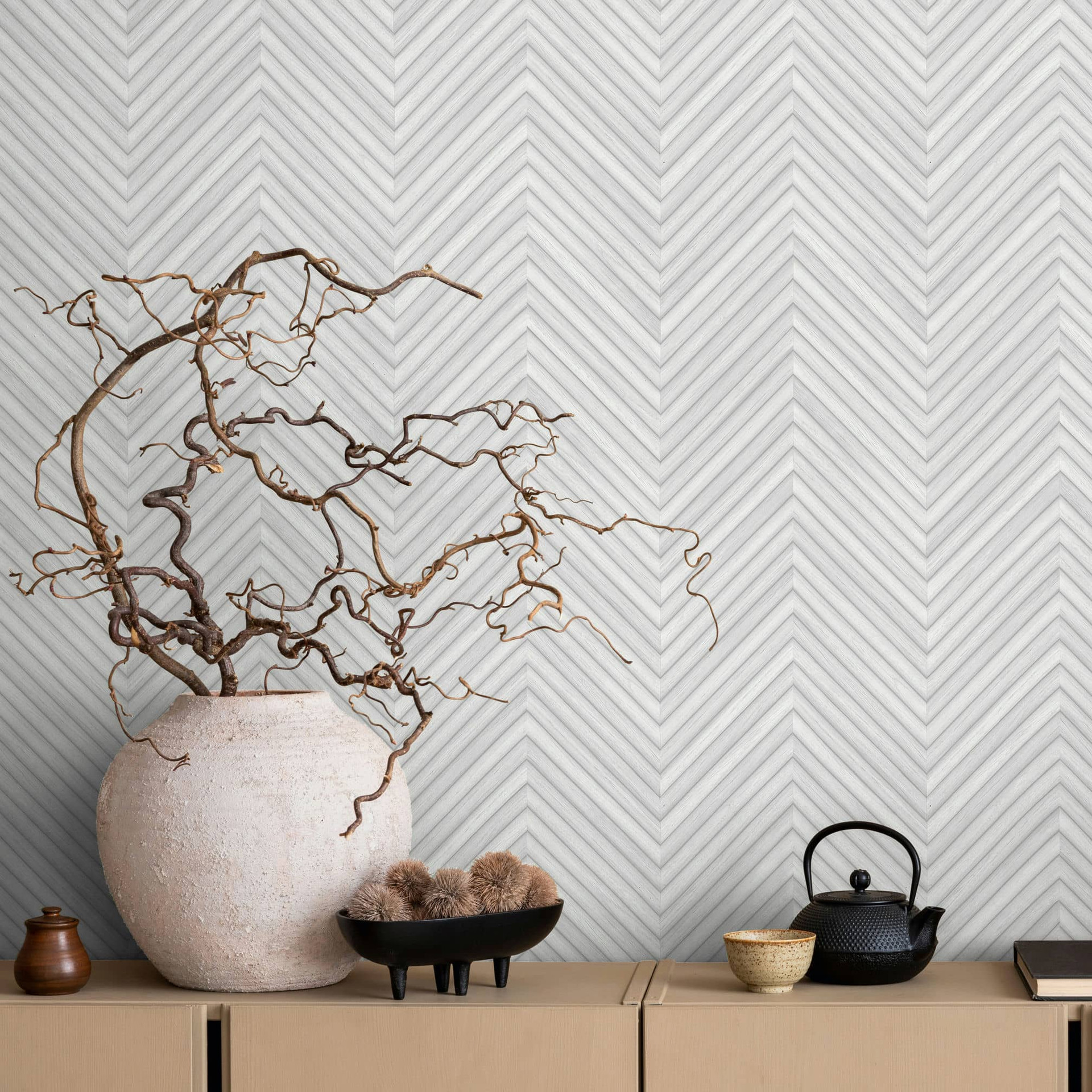 vliesbehang met visgraatmotief en houtlook grijs, wit houtlook