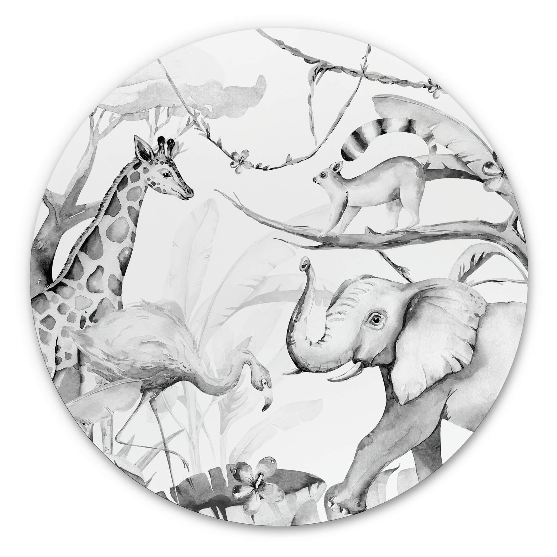Tableau en alu-Dibond Kvilis - Amis des animaux dans la jungle en noir & blanc - Rond