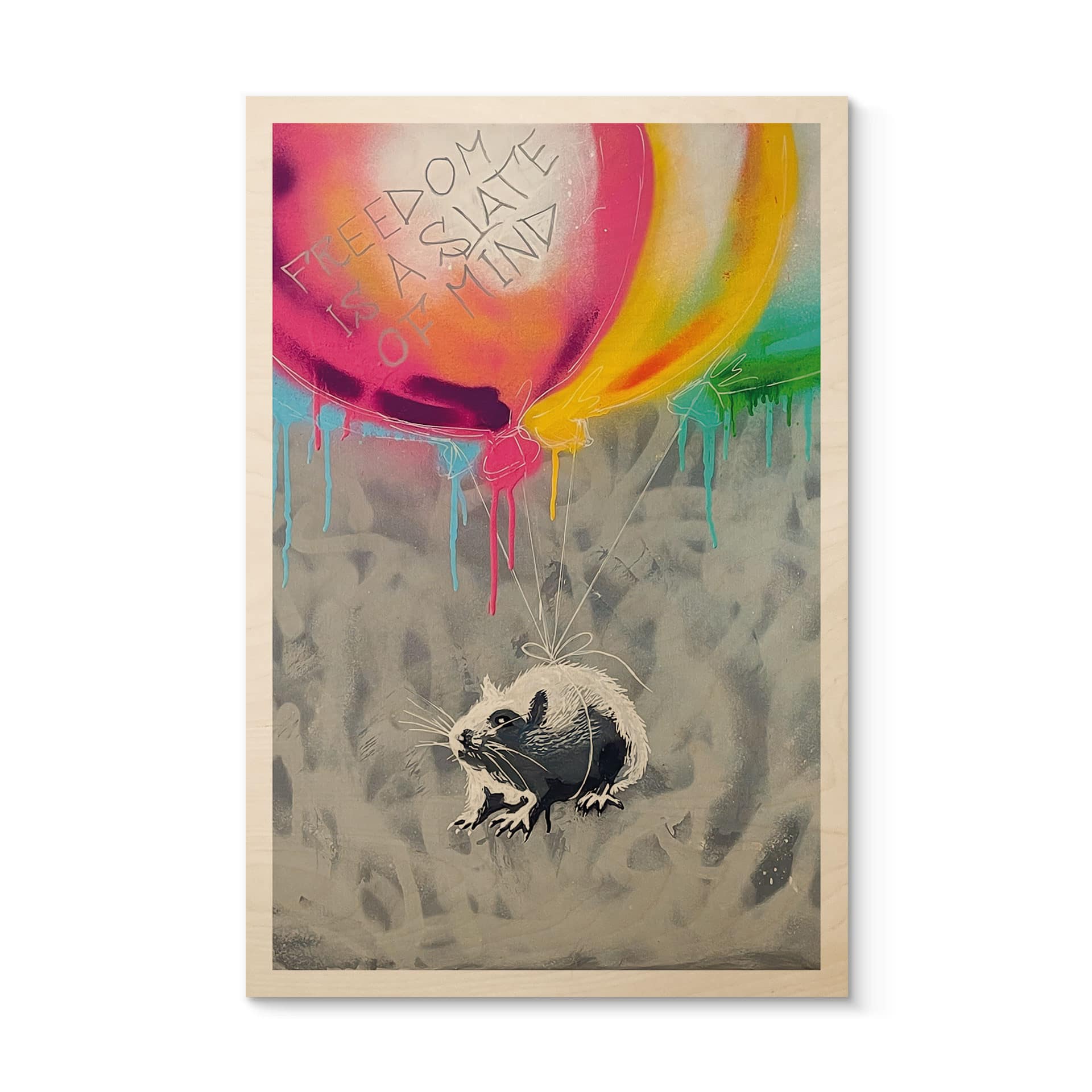 Houten Wanddecoratie Streetart Rat Freedom Ballonnen - Habib