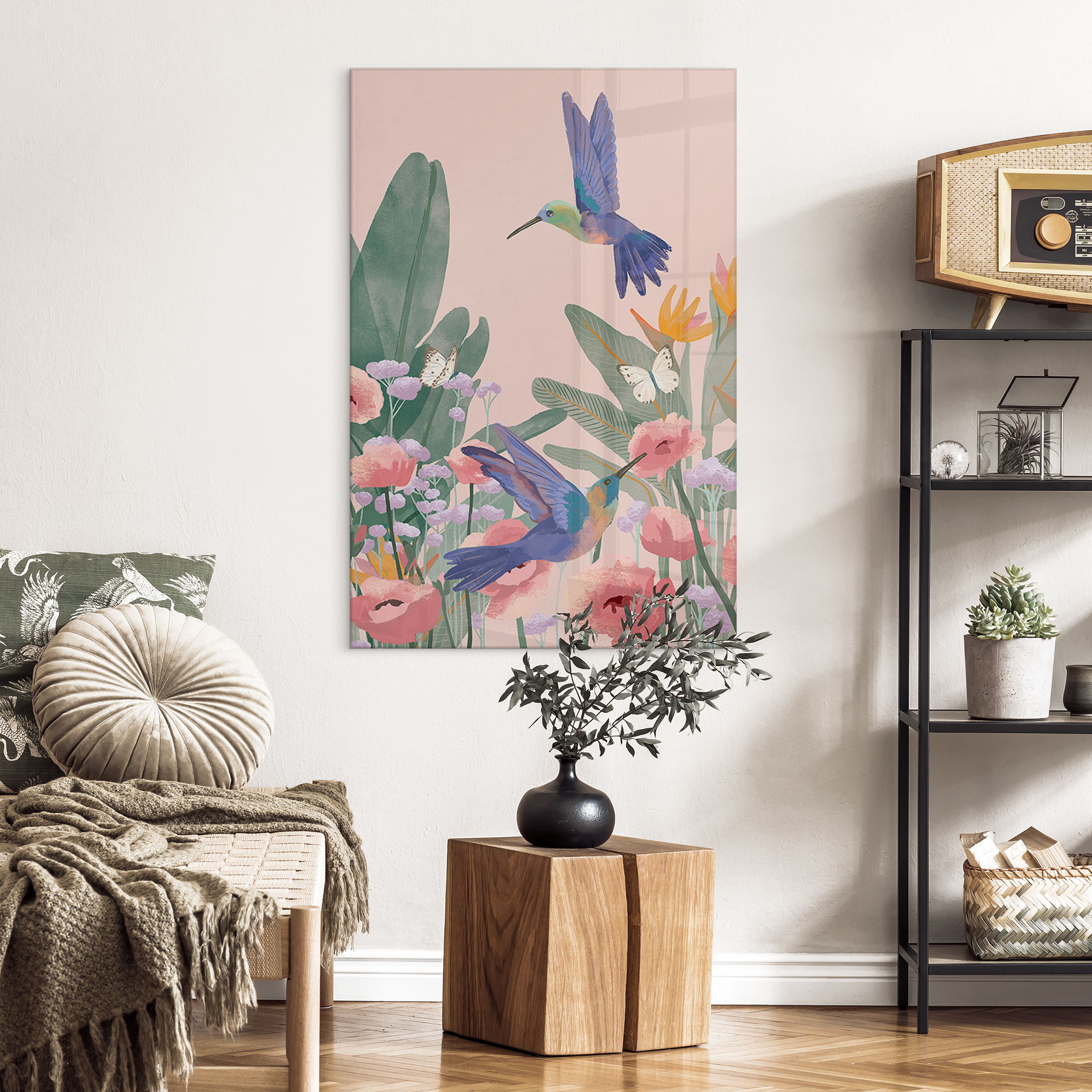 Akrylbillede To kolibrier på den farverige blomstereng - Goed Blauw