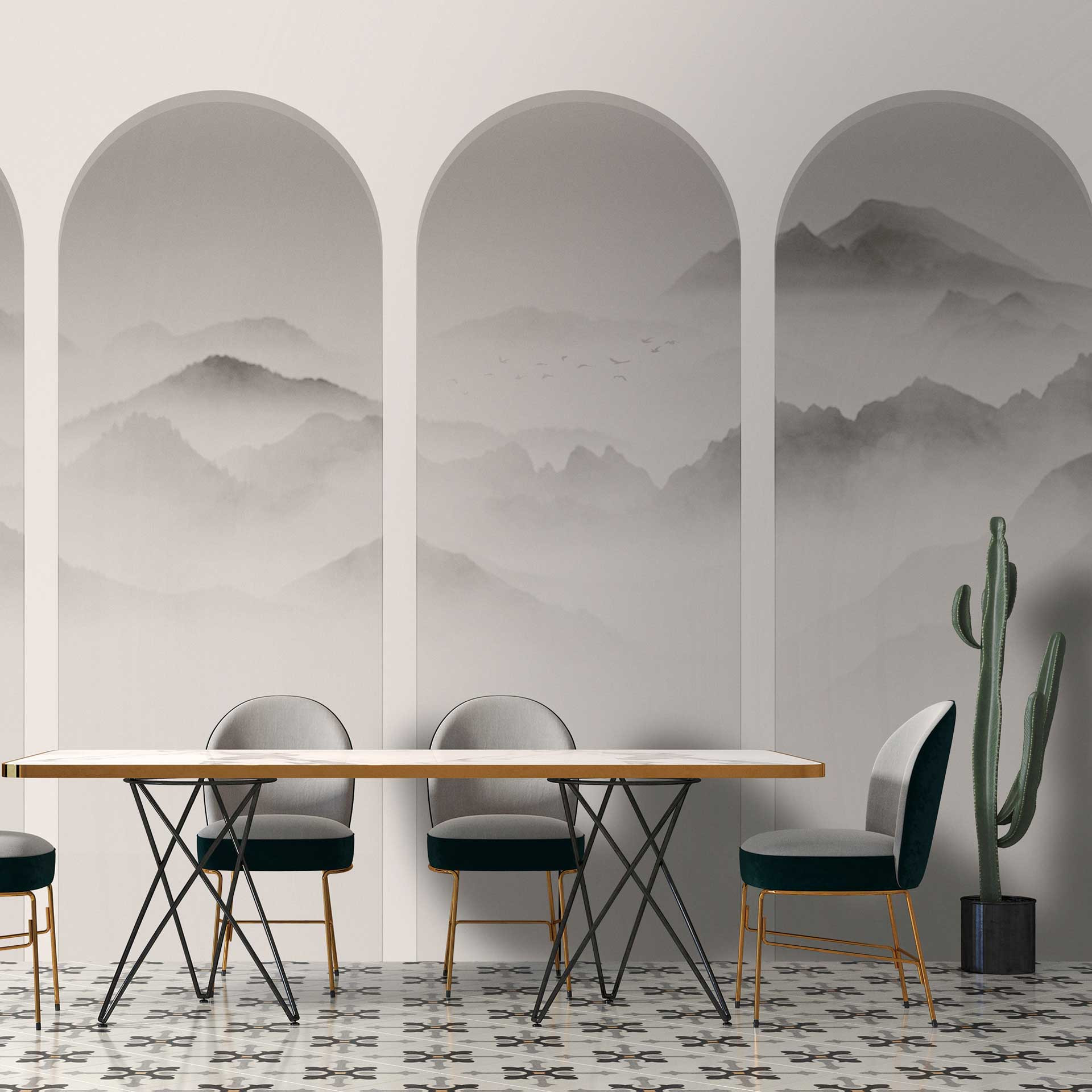 venster behang met bergpanorama in grijstinten - vliesbehang
