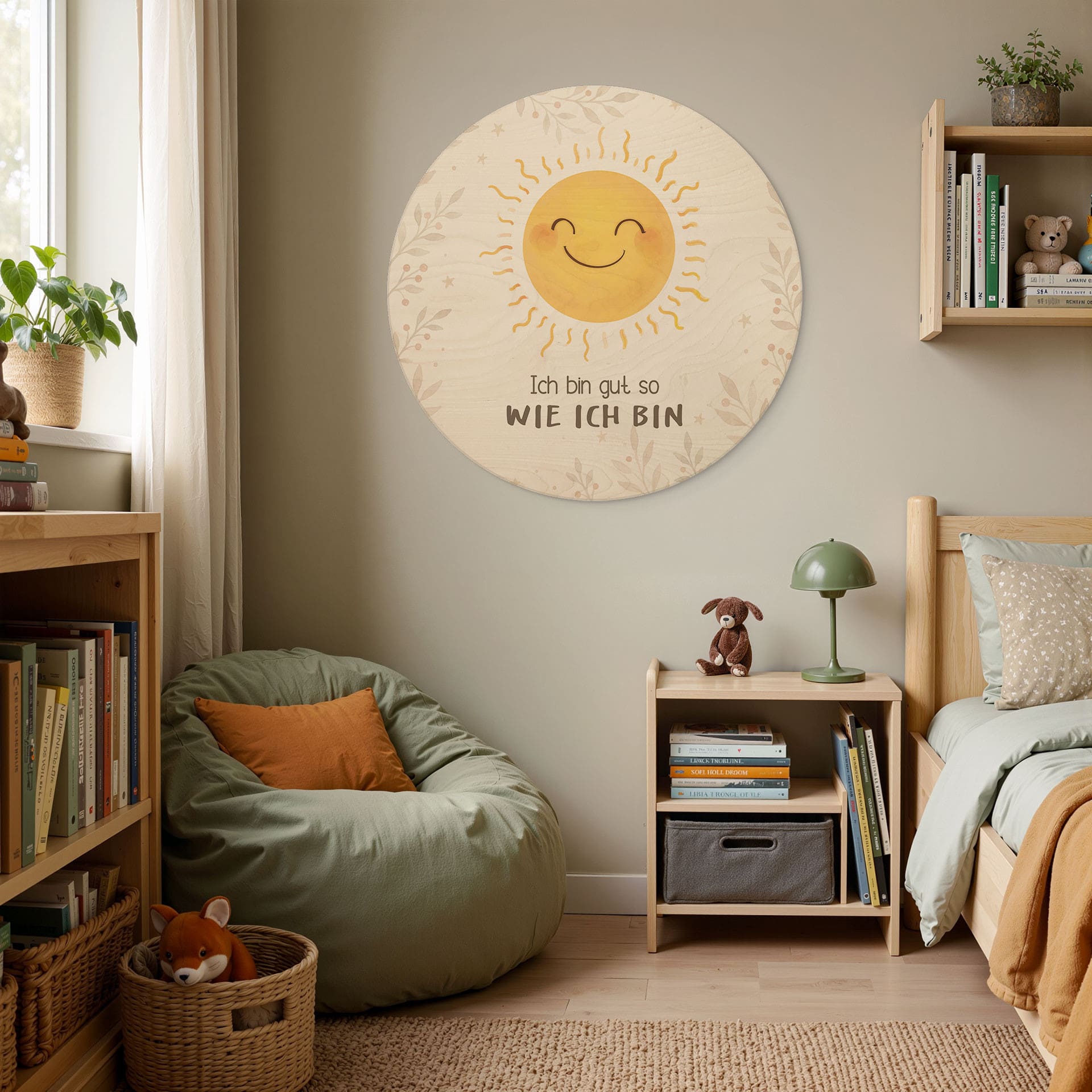 Rundes Holzbild mit Sonne - 'Ich bin gut so wie ich bin'