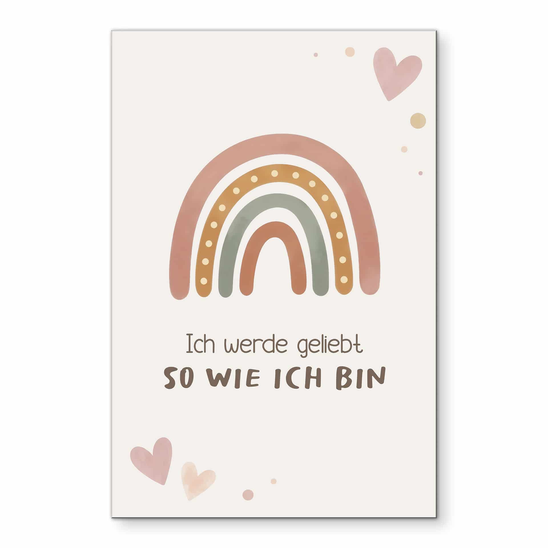 Alu-Dibond Wandbild mit Boho-Regenbogen - Kraftsatz 'Ich werde geliebt' für Kinder